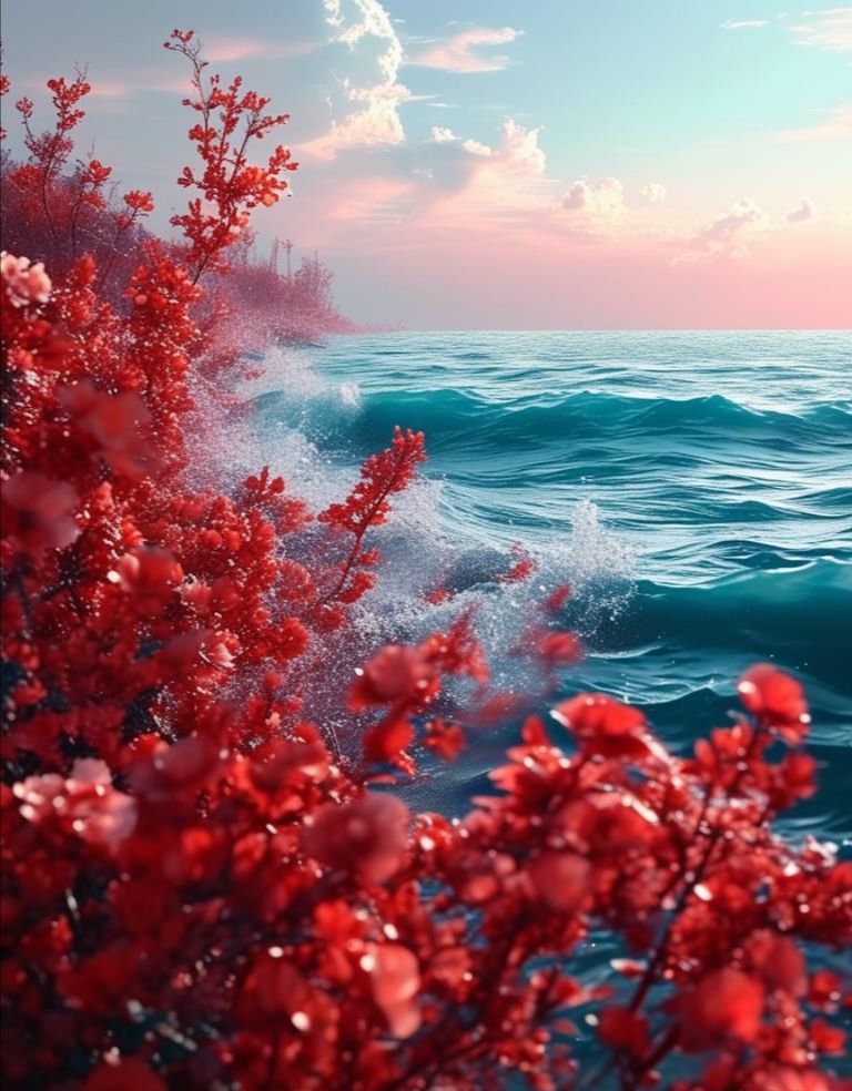 海浪轻拍红花开得正艳的岸边,海浪迎接是红花的热情,红花投入到宽广的