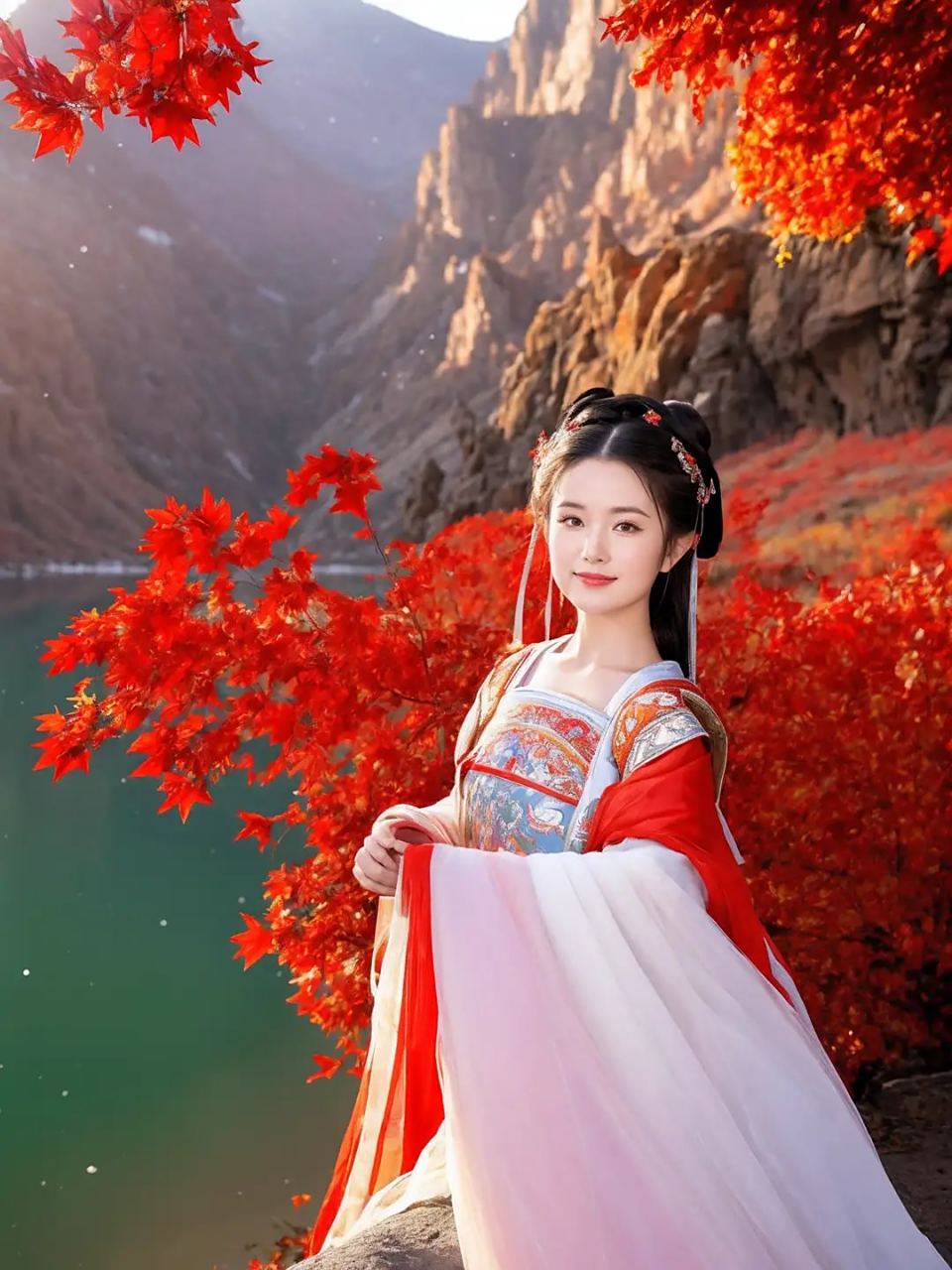 题目:枫叶美人  在一片枫叶林中,一位古装美女如同一朵盛开的花朵,在