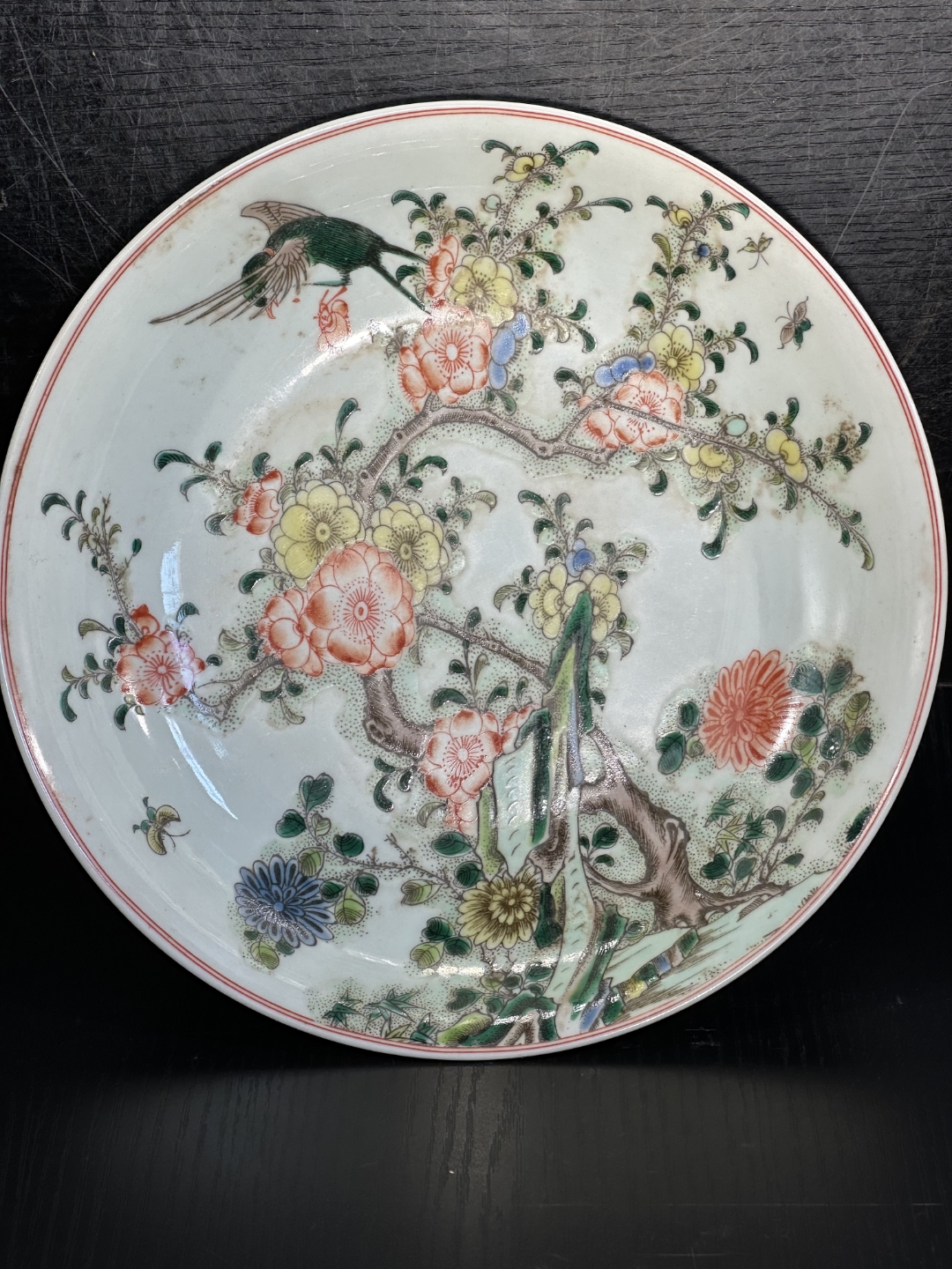 出古彩粉彩花鸟盘,直径30.5厘米,景德镇窑,清,品相完好无瑕疵#瓷器