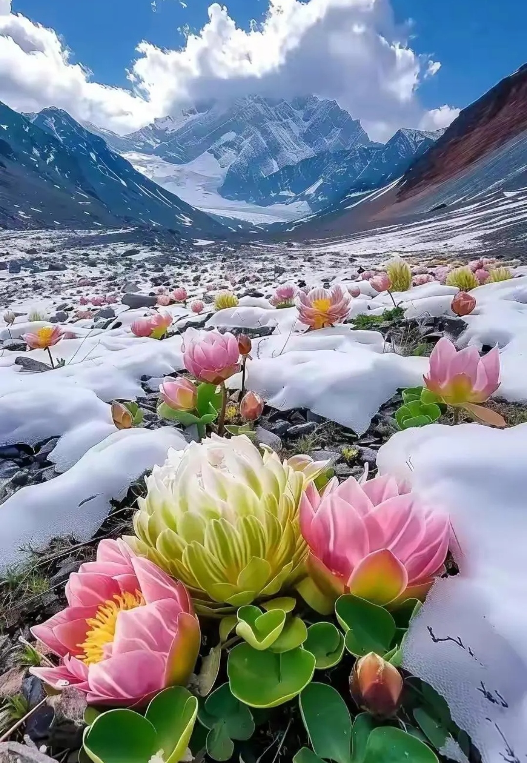 面对巍峨的雪山,雪莲花傲然挺立,不畏严寒,绽放出美丽的花朵.
