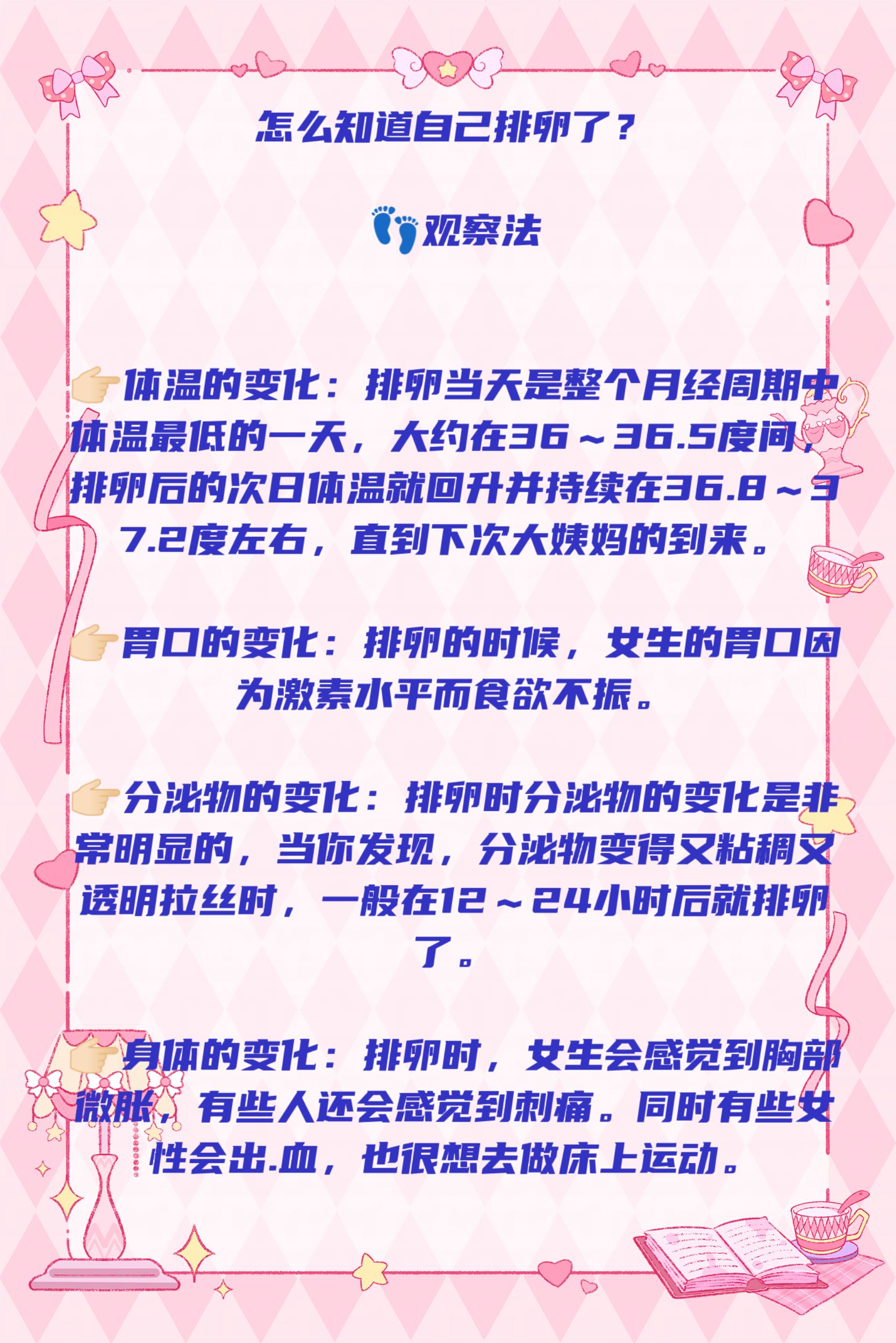 可以用下面的方法来得知排/卵哦.  观察身体变化.  女