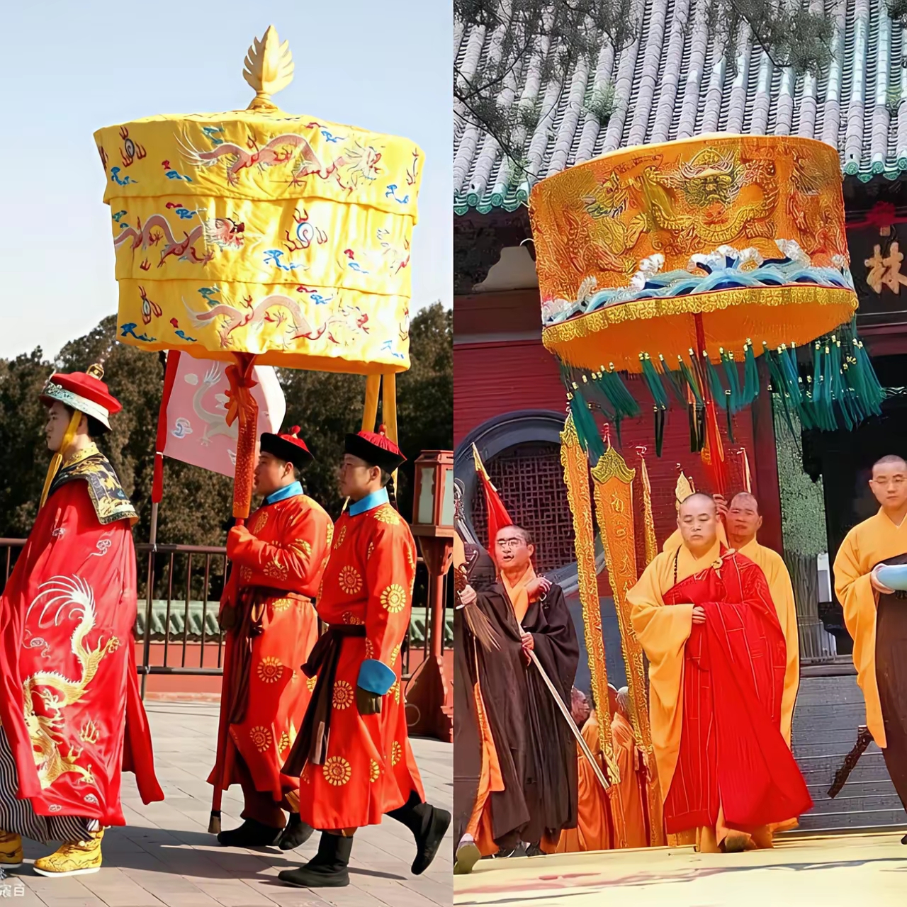 随从一大群,身后有僧人举着华盖,一眼看上去就像古代皇帝出行一样的