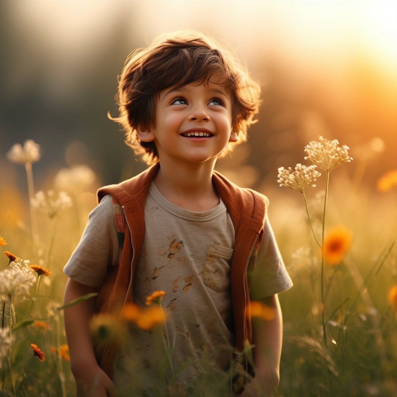 在春天的阳光下,小男孩穿着橙色的衬衫和棕色的裤子,微笑着站在草地上