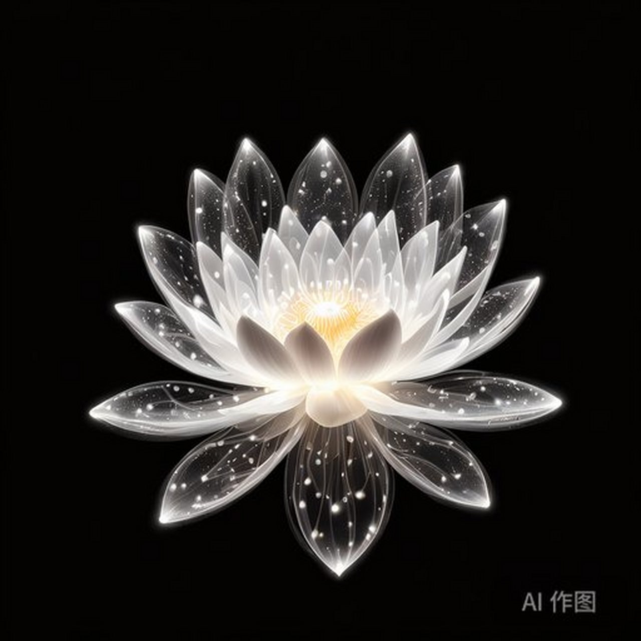 "静谧的深夜,一朵洁白的莲花在黑暗中盛开,如月下的仙女,静静地倒映在