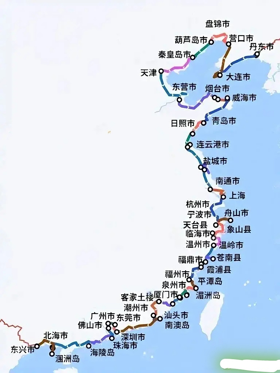 我国东部沿海城市地图