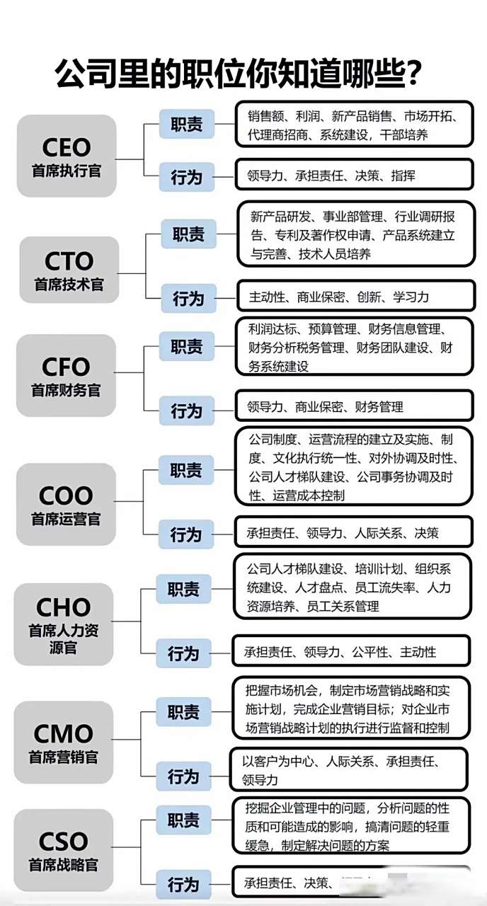 超级企业的超级人才管理框架和人事安排 ceo ,cto,cfo,coo,cho各代表