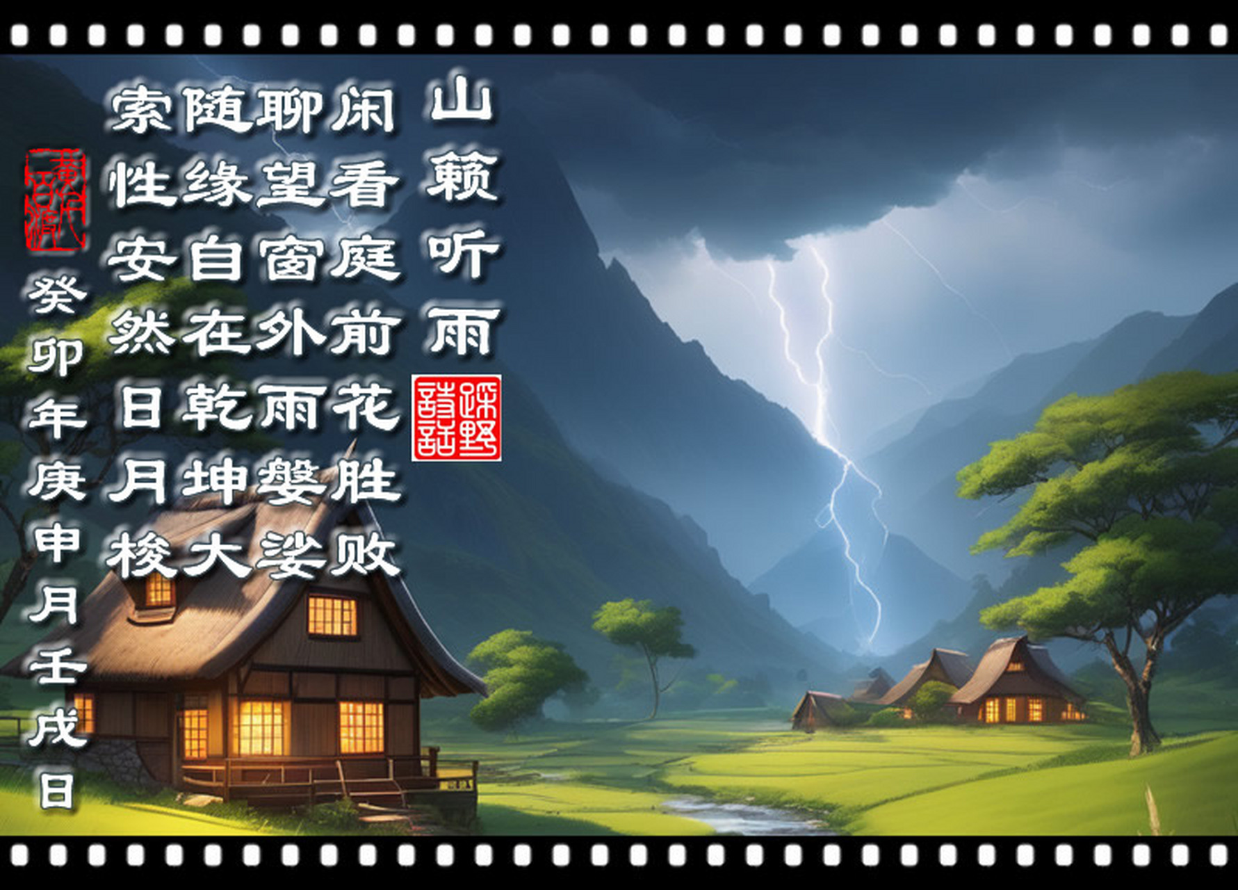 踩野诗话# 《山籁听雨》 闲看庭前花胜败, 聊望窗外雨媻娑.