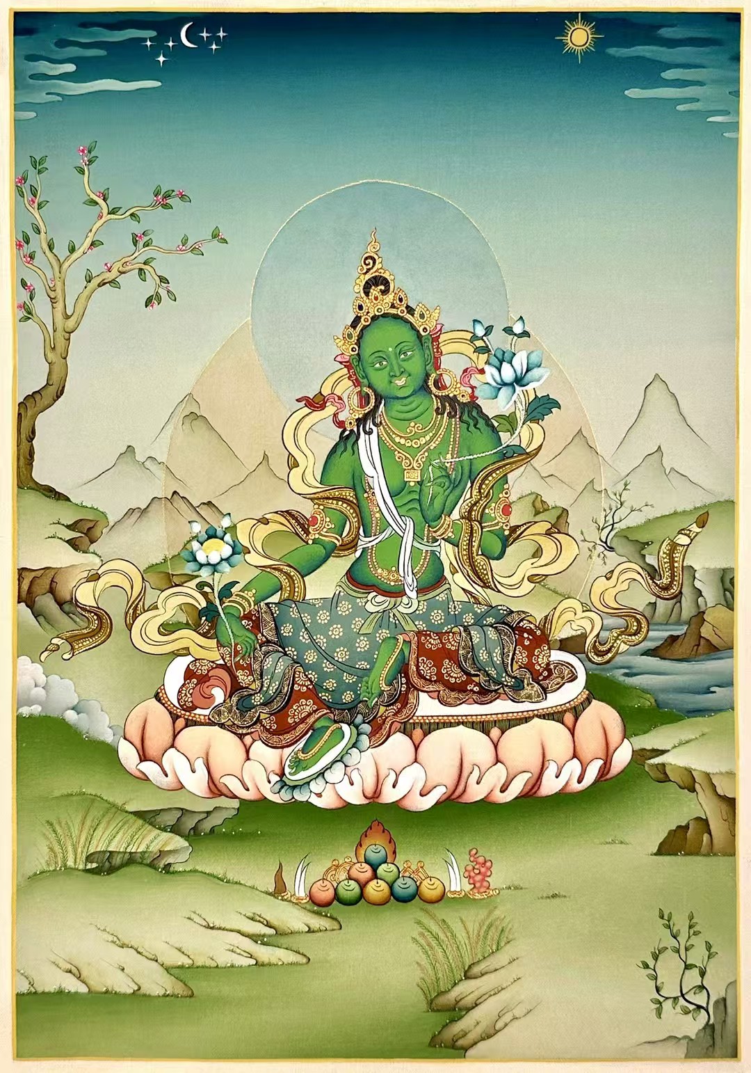 《绿度母》尺幅20×30cm,作品采用热贡岩彩纯金