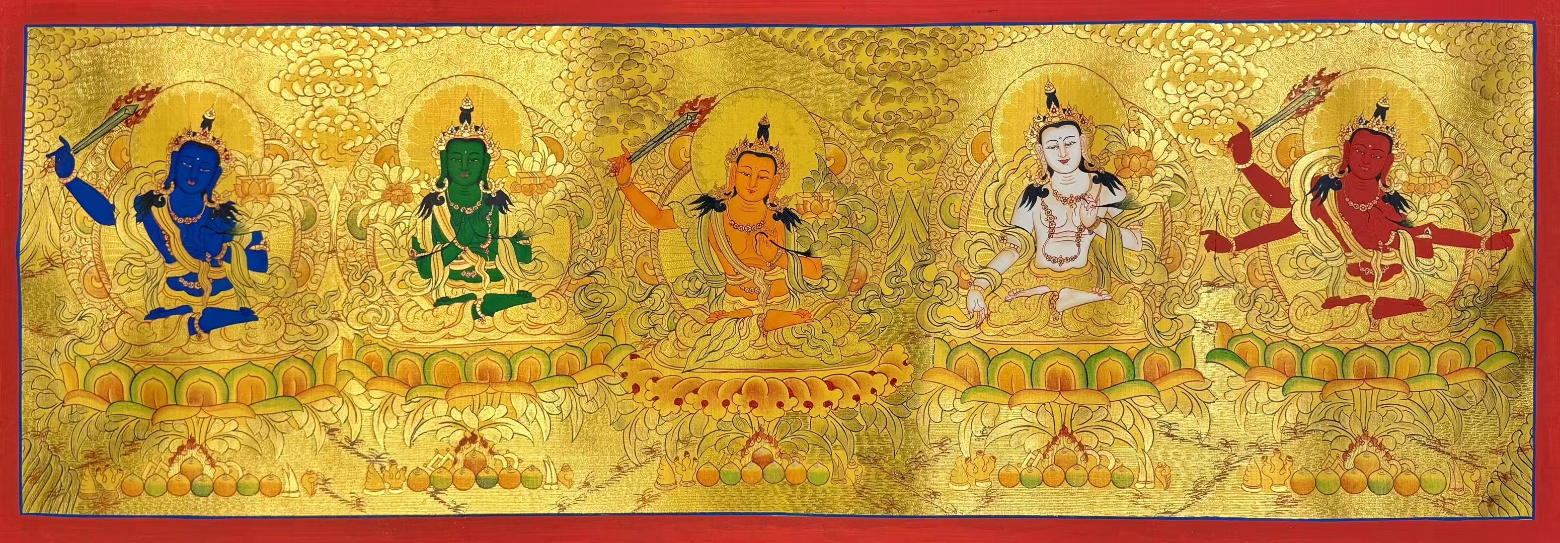 大尺幅金箔横幅唐卡【五部文殊】画芯尺寸98*32cm,金箔錾刻压花,纯