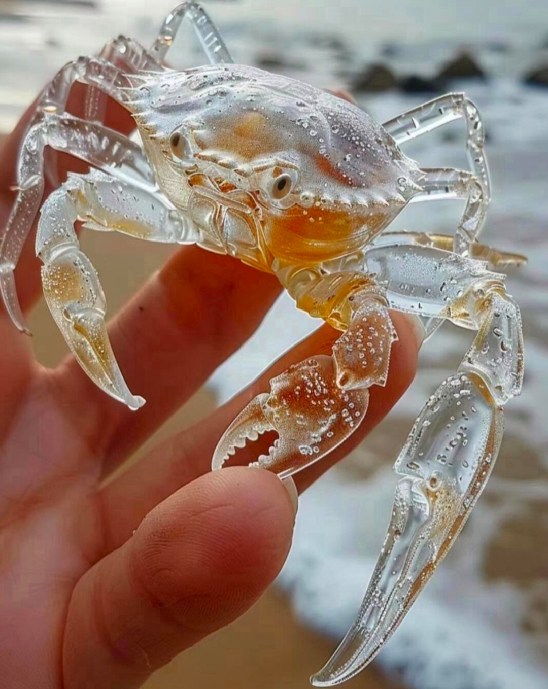 快看变异的小螃蟹,今天在海边玩耍看到一只透明的小螃蟹,它的身体仿佛