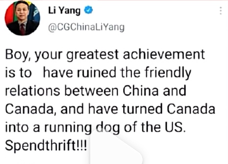 中国著名外交官李杨曾在推特上发文怒怼加拿大总理特鲁多