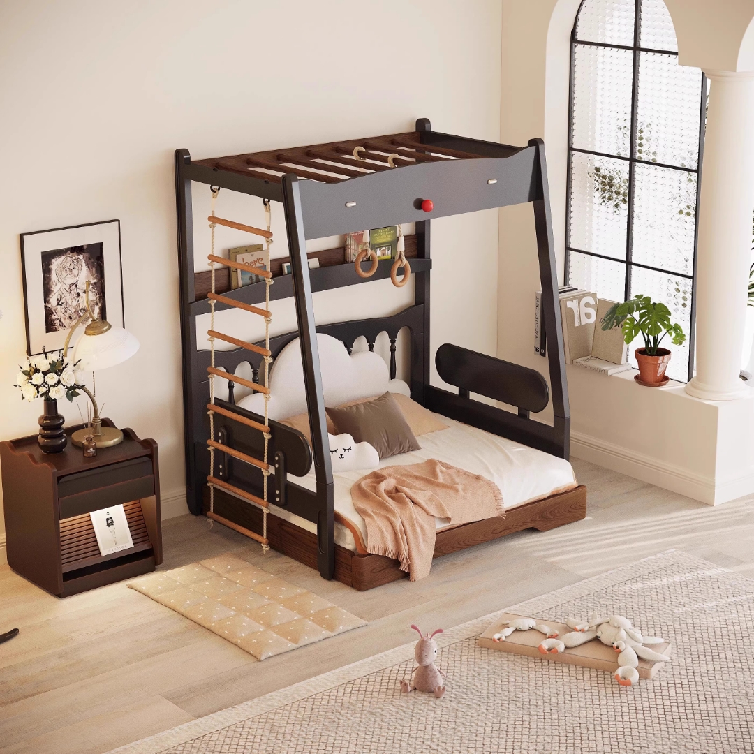 哇,这个木屋床太酷了,有储藏室和梯子,简直就是小孩子的梦想乐园#分享