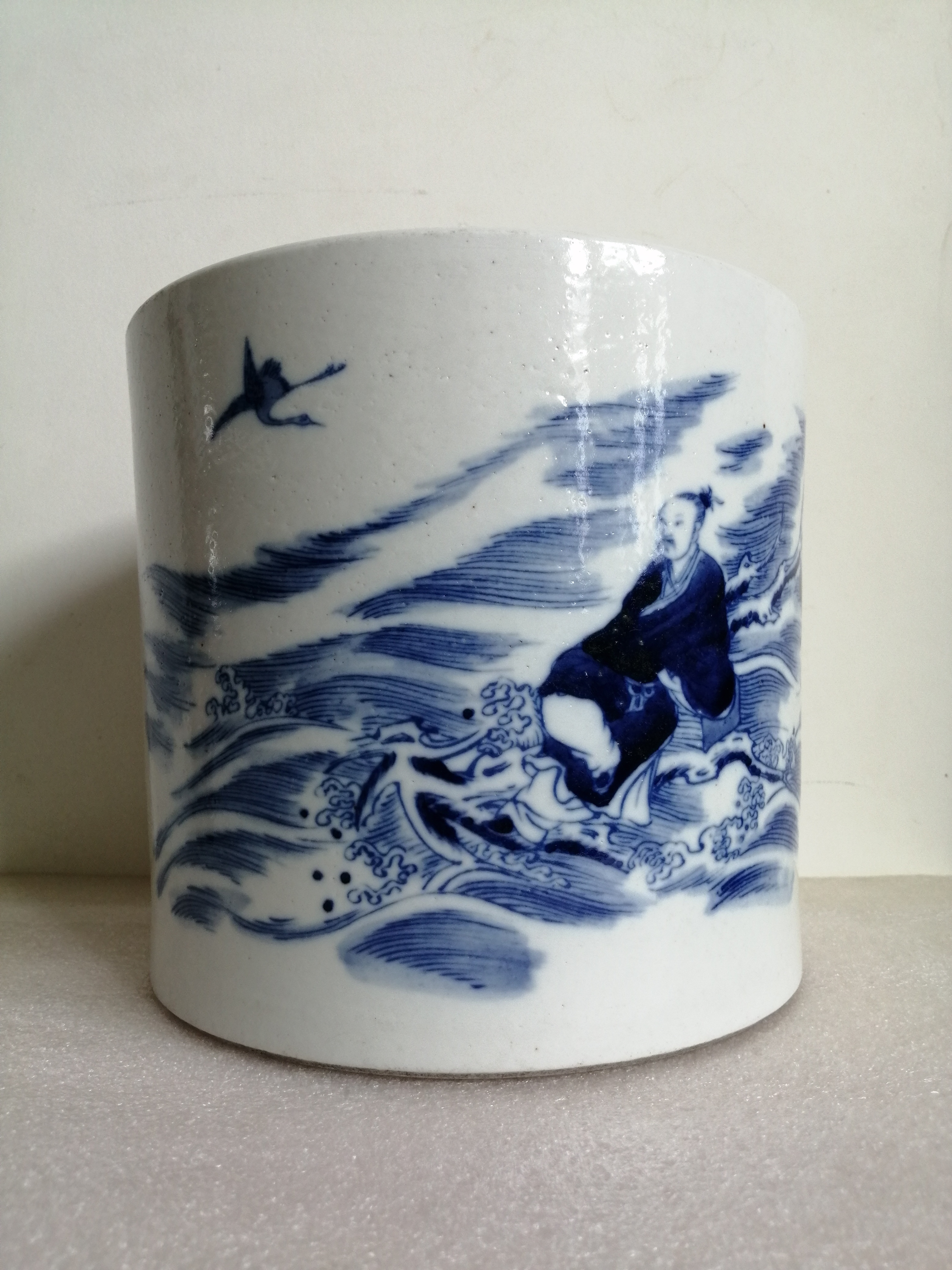 康熙《辛亥年》青花人物仙人乘槎诗文笔简18x20cm共同鉴赏!