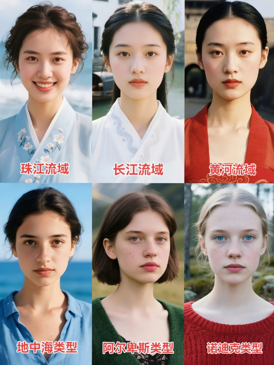 中国和欧洲主要长相类型对比 中国:珠江流域长相类型,长江流域长相