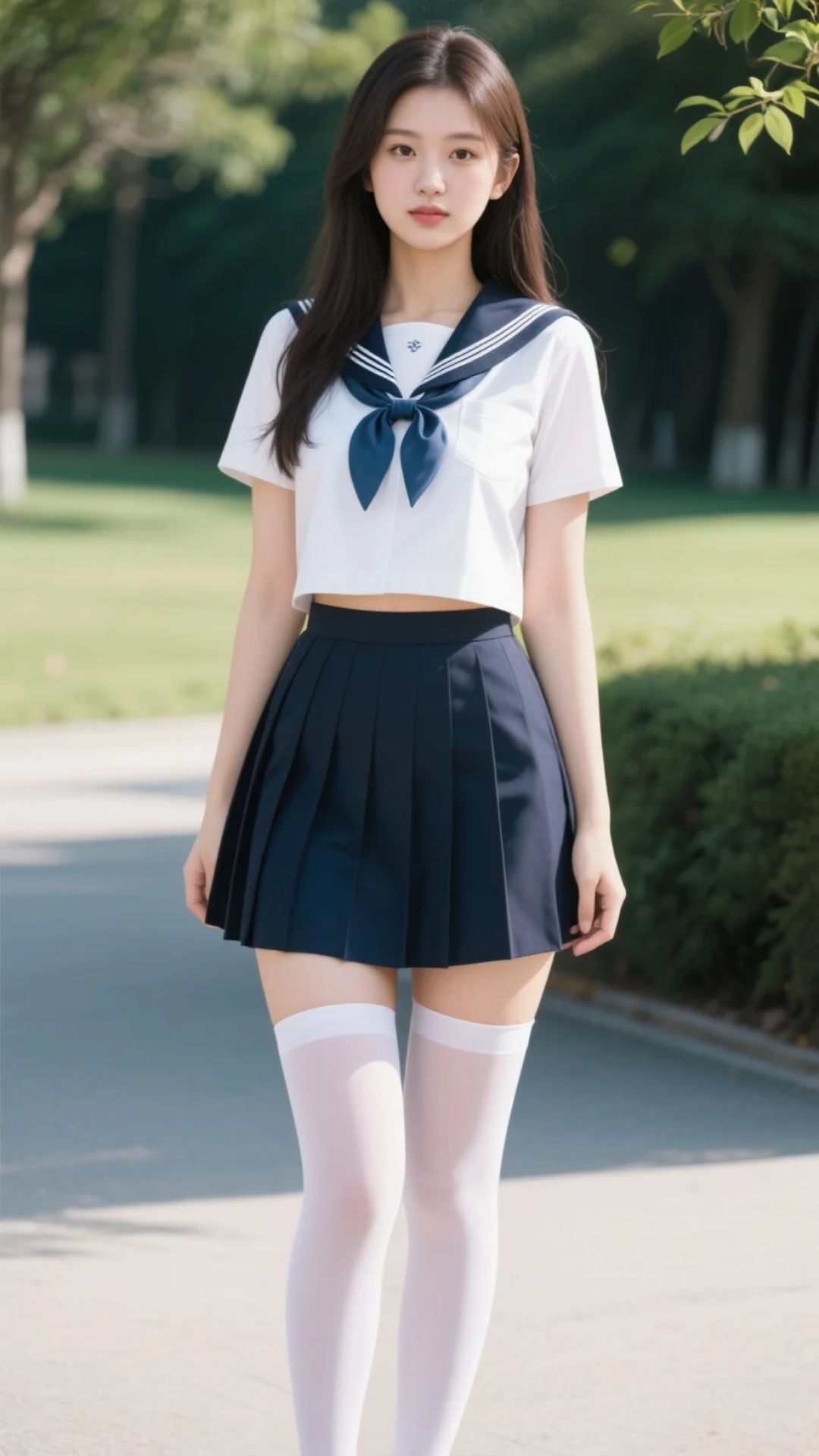 午后回廊的光影里,水手服女孩安静伫立