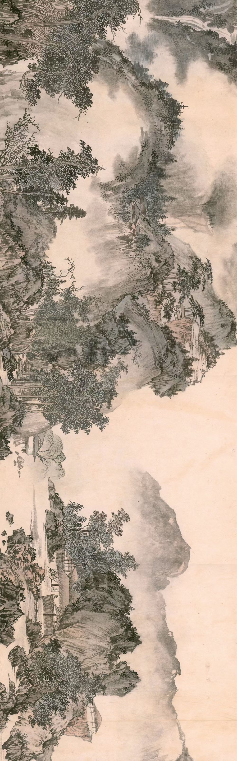 溥儒《山水卷》局部细节欣赏 《山水卷》是溥儒的佳作,茂密的松林生于