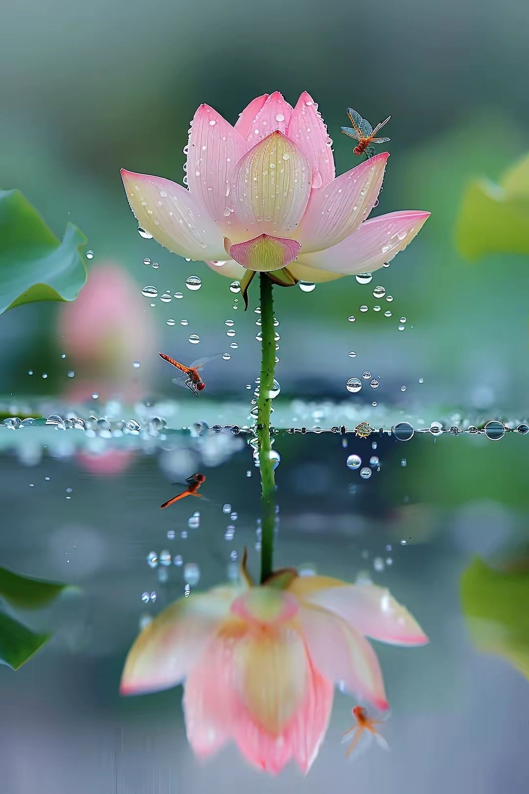 雨打荷花,清新脱俗,小蜻蜓点水,美得让人心醉