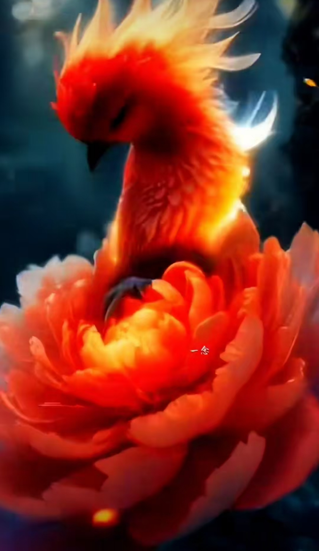 红花一朵的刹那间,却生出一只红色鸟儿,它是火凤凰,在花蕊中重生,新羽