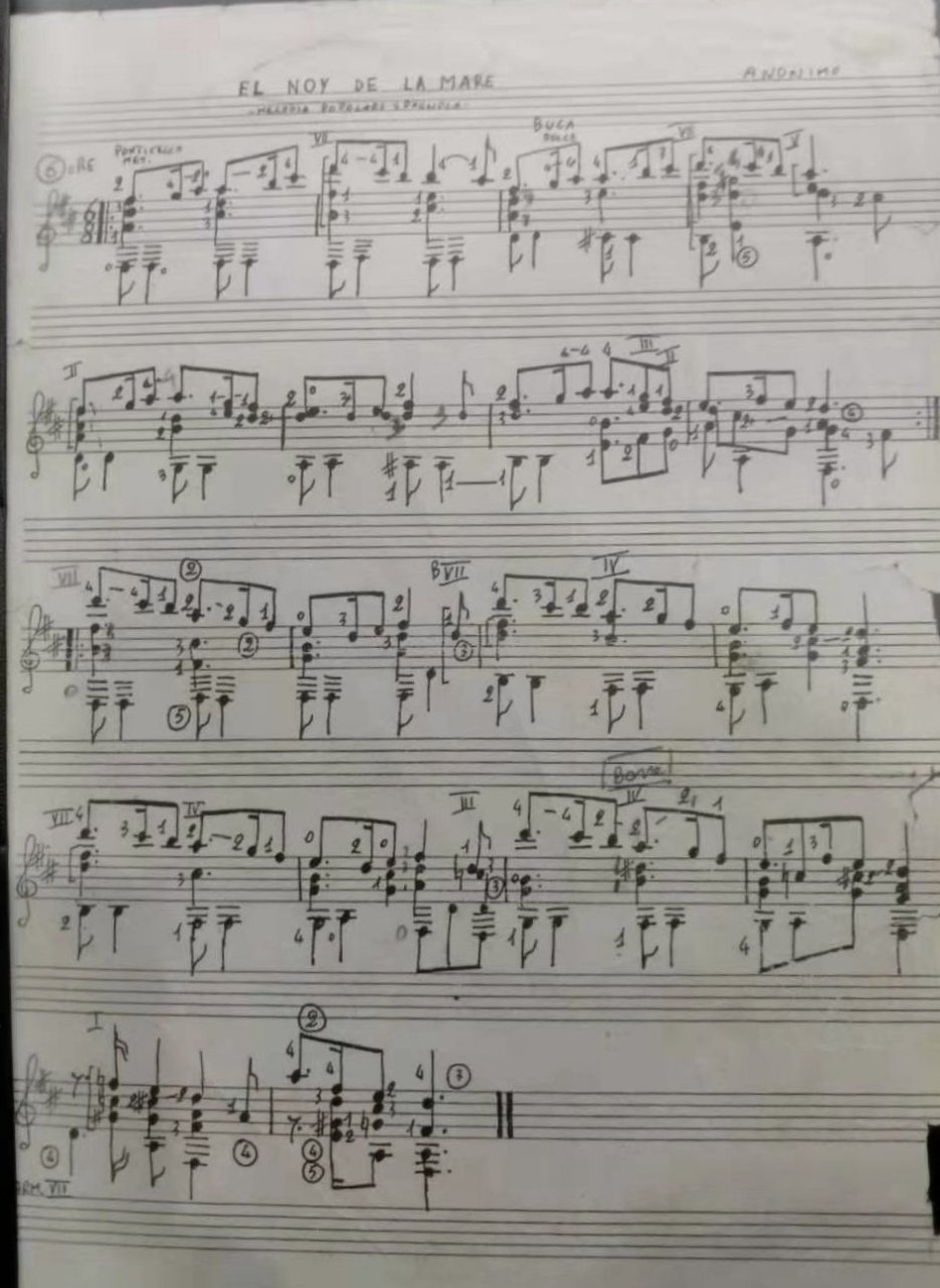 著名的古典吉他演奏家迭戈·卡帕纳所珍藏的古典吉他大师塞戈维亚手稿