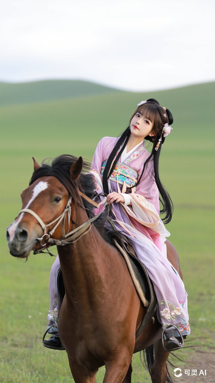 骑马女孩,绿草如茵,展现自由奔放的青春活力!