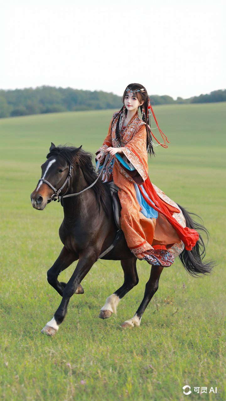 骑马女孩,绿草如茵,展现自由奔放的青春活力!