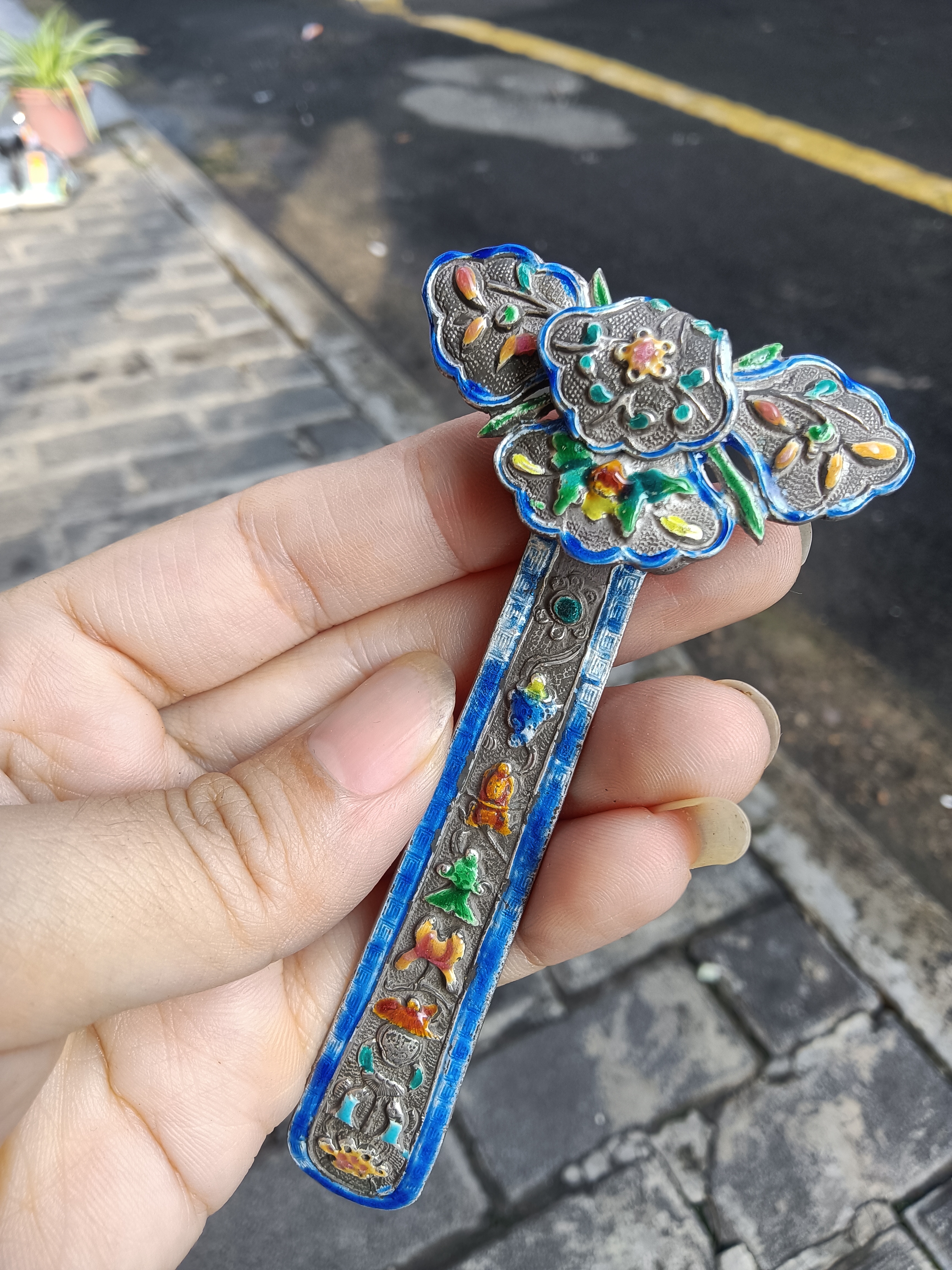 清代福寿如意银烤蓝扁簪,工艺精湛,图案精美,颜色丰富,器形精致,寓意