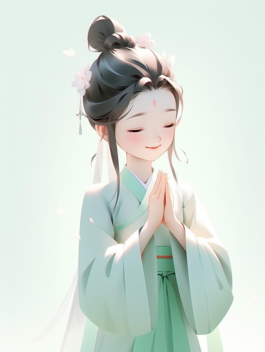 国风古韵佛系青衣少女祈福头像