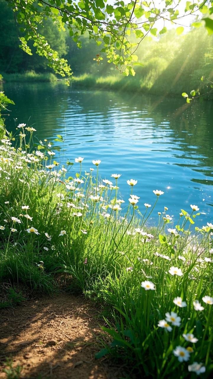 阳光洒在湖面上,波光粼粼,湖边开满了小花,微风拂过,送来淡淡的花香