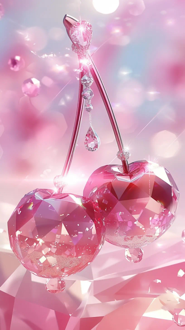 三个粉色心形樱桃,晶莹剔透,仿佛带着水滴的清新.