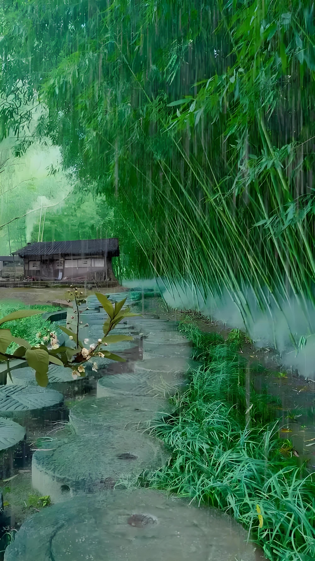 雨滴落在竹叶上,溅起一圈圈涟漪,石板路湿滑,小屋
