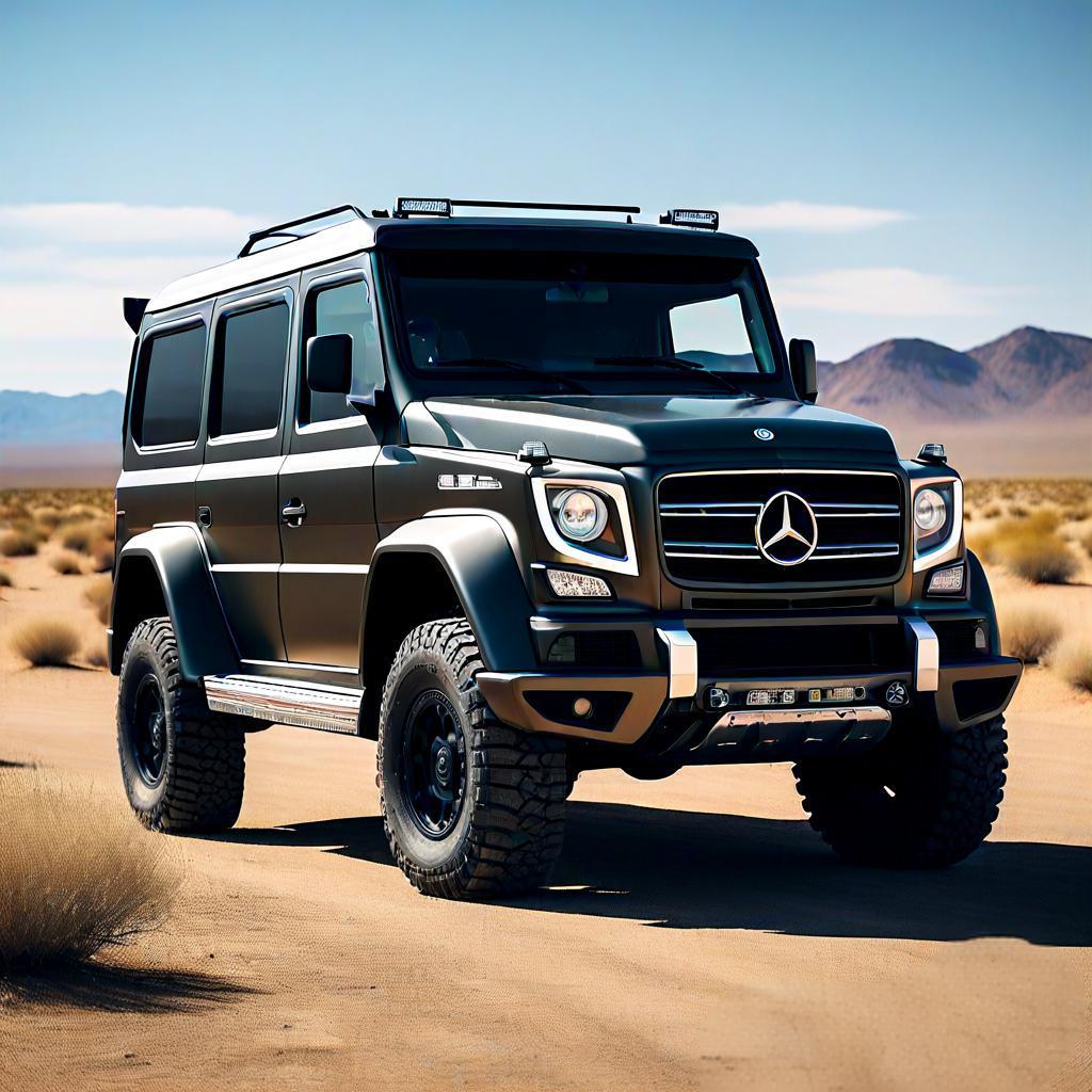在广袤的荒野中,一辆高大威猛的奔驰全地形越野车,如钢铁巨兽般横穿而