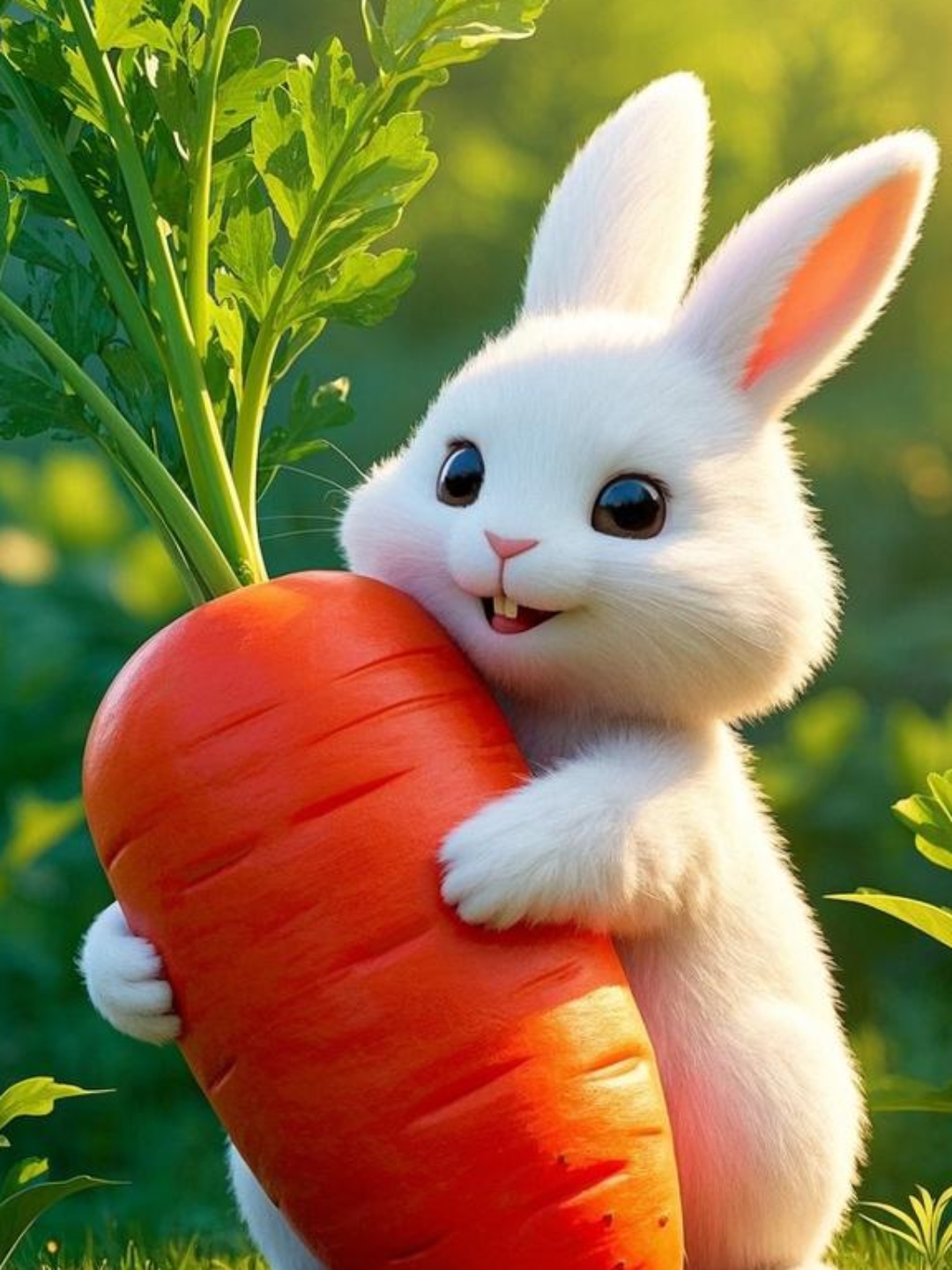 三瓣嘴咧着,绒毛随着欢快的蹦跳微微颤动,满心欢喜都快溢兔子抱胡萝卜