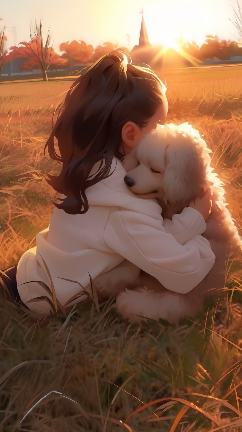 一片翠绿的草地上,一个女孩搂着一只可爱的狗狗依偎着,温馨的画面令人