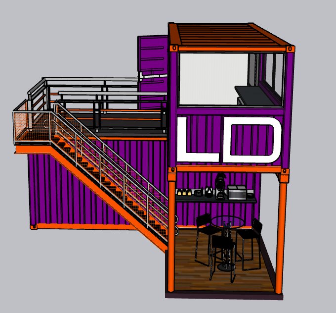 那是一座由紫色和橙色集装箱叠砌而成的建筑,它矗立在繁华的都市之中