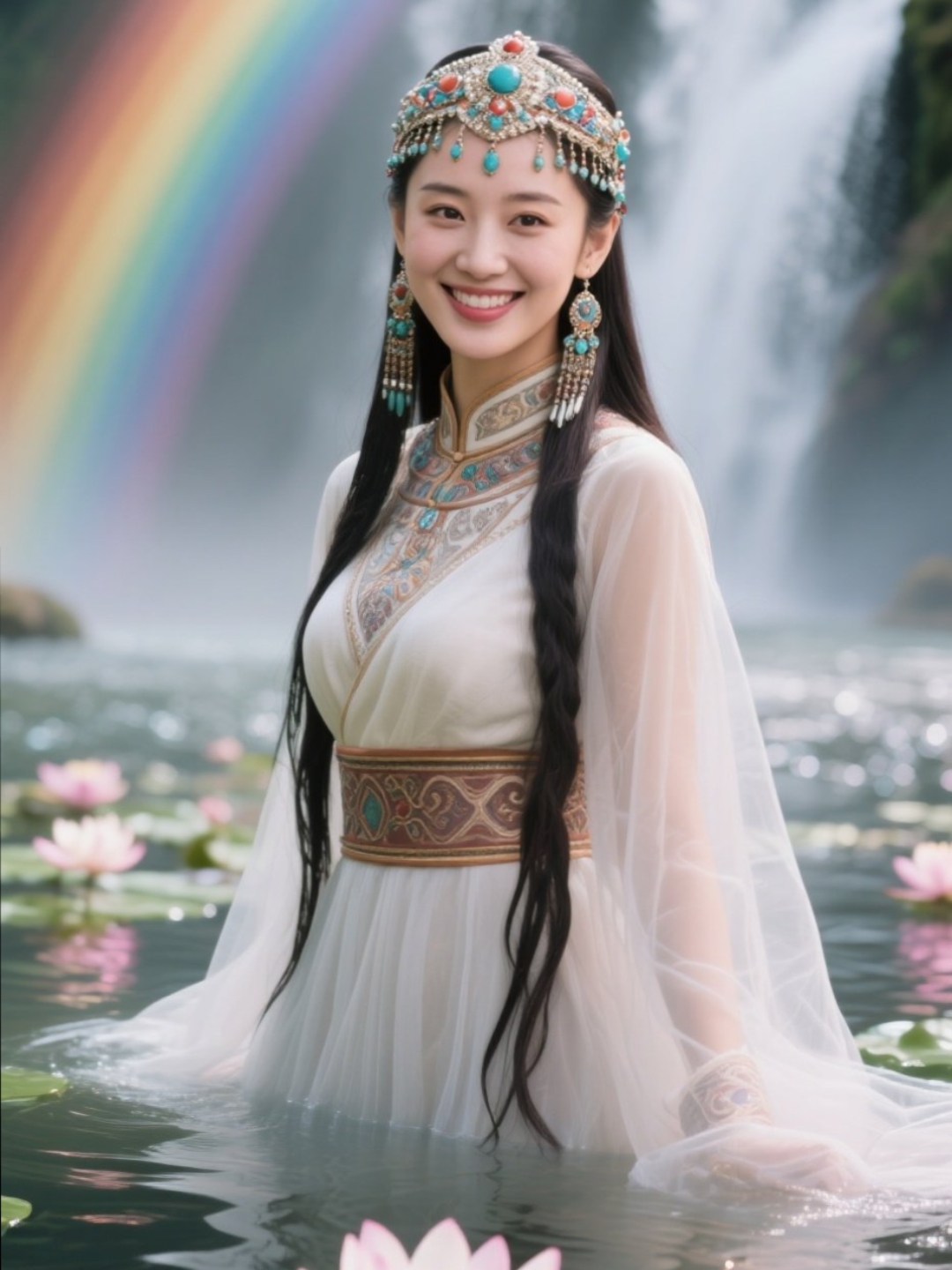 上联:虹瀑流辉映碧荷 下联:云鬟溢彩耀明珠 横批