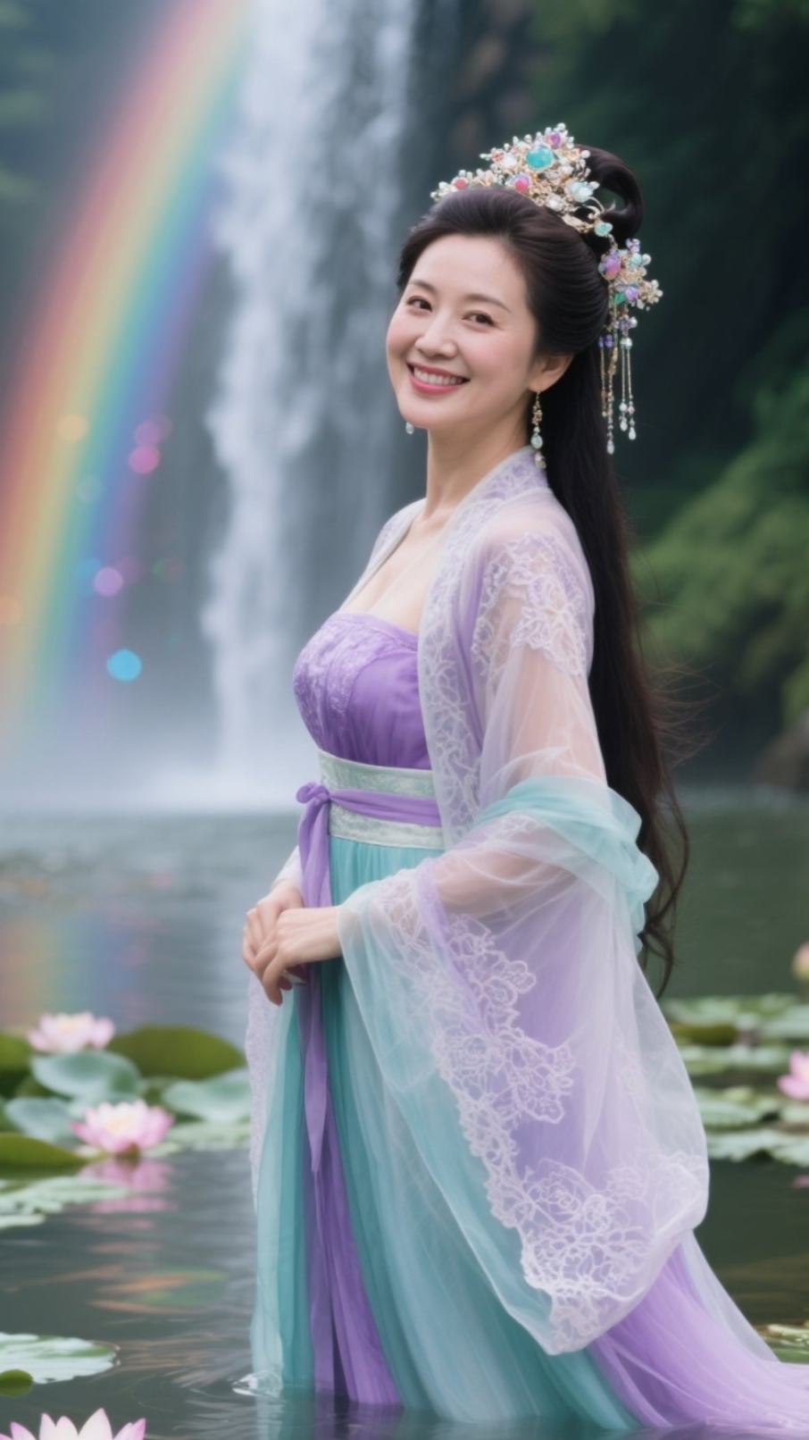 上联:长发垂肩珠宝映容倾国色 下联:轻纱拂水虹霞织锦醉天香