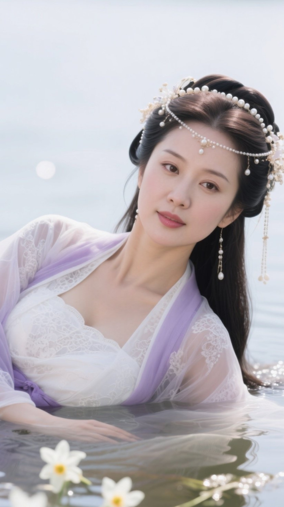 上联:云鬓珠花漾春色,轻纱半掩倾城色 下联:烟波水月