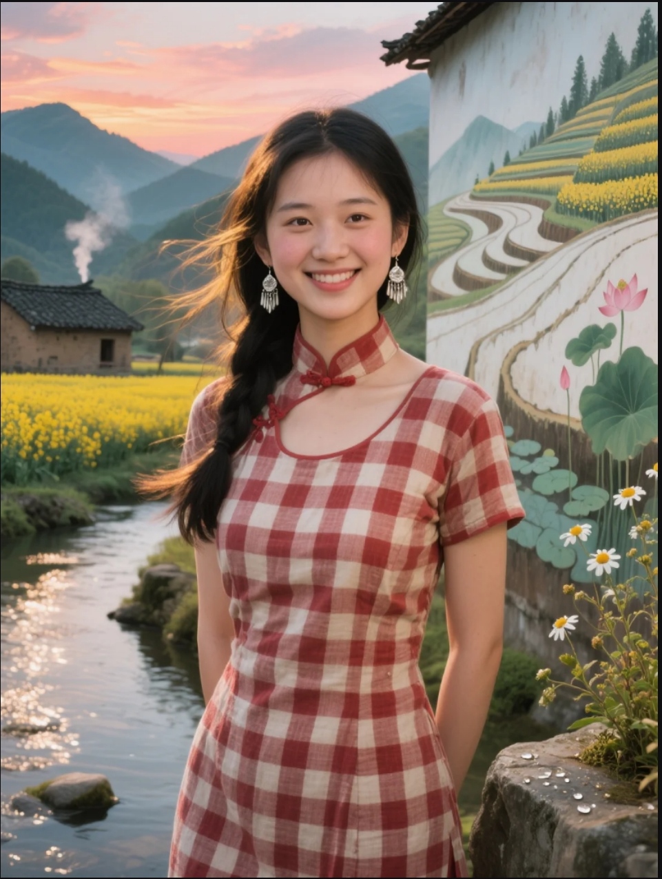 上联:黛瓦炊烟染霞色 梯田叠翠荷塘影 村姑含笑春山