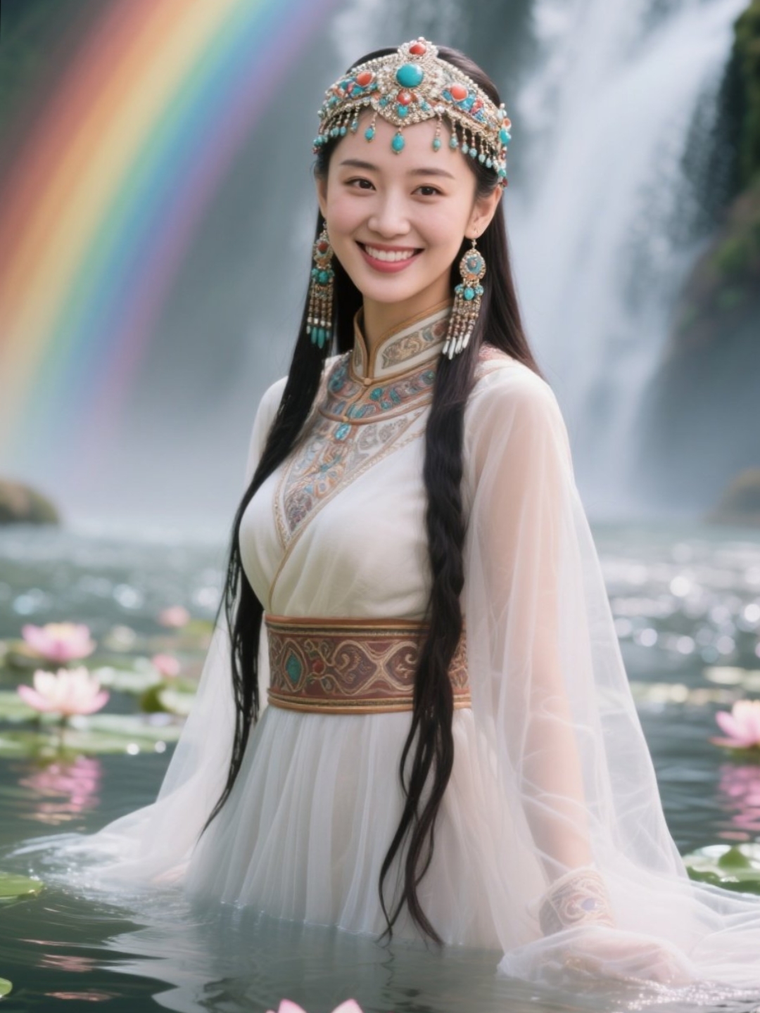 上联:虹瀑飞流荷花水面映仙袂 下联:宝光璀璨蒙古服