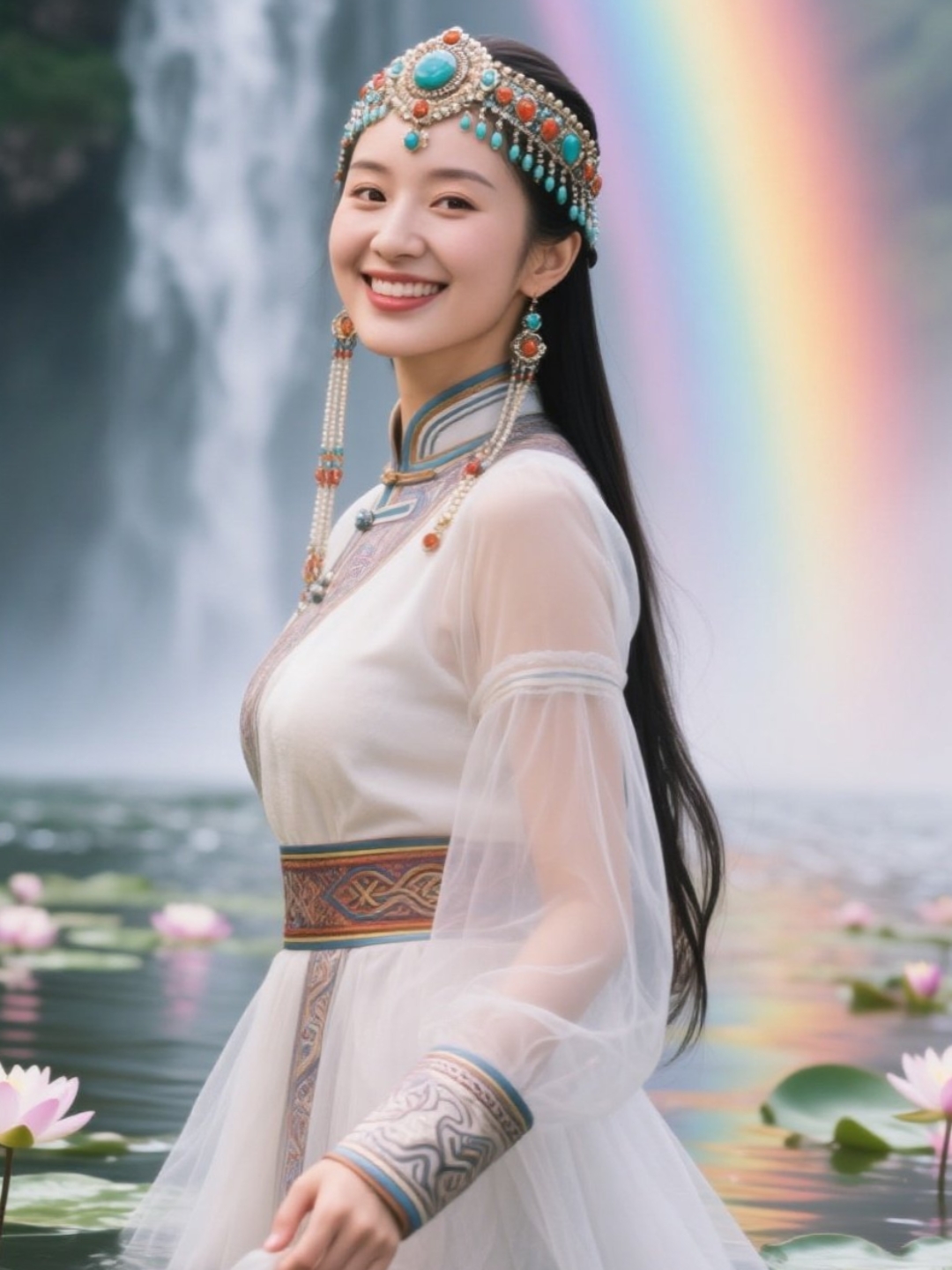 上联:虹瀑飞流荷花水面映仙袂 下联:宝光璀璨蒙古服