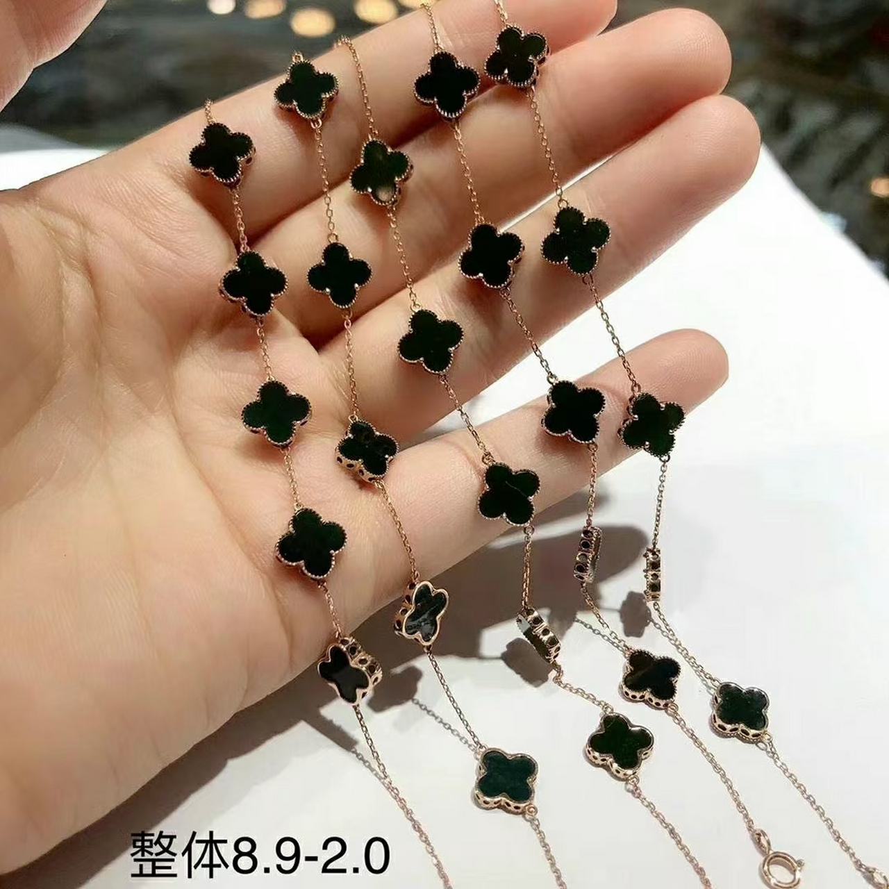 墨翠四叶草手链,镶嵌18k玫瑰金 特价:2880一条 #翡翠