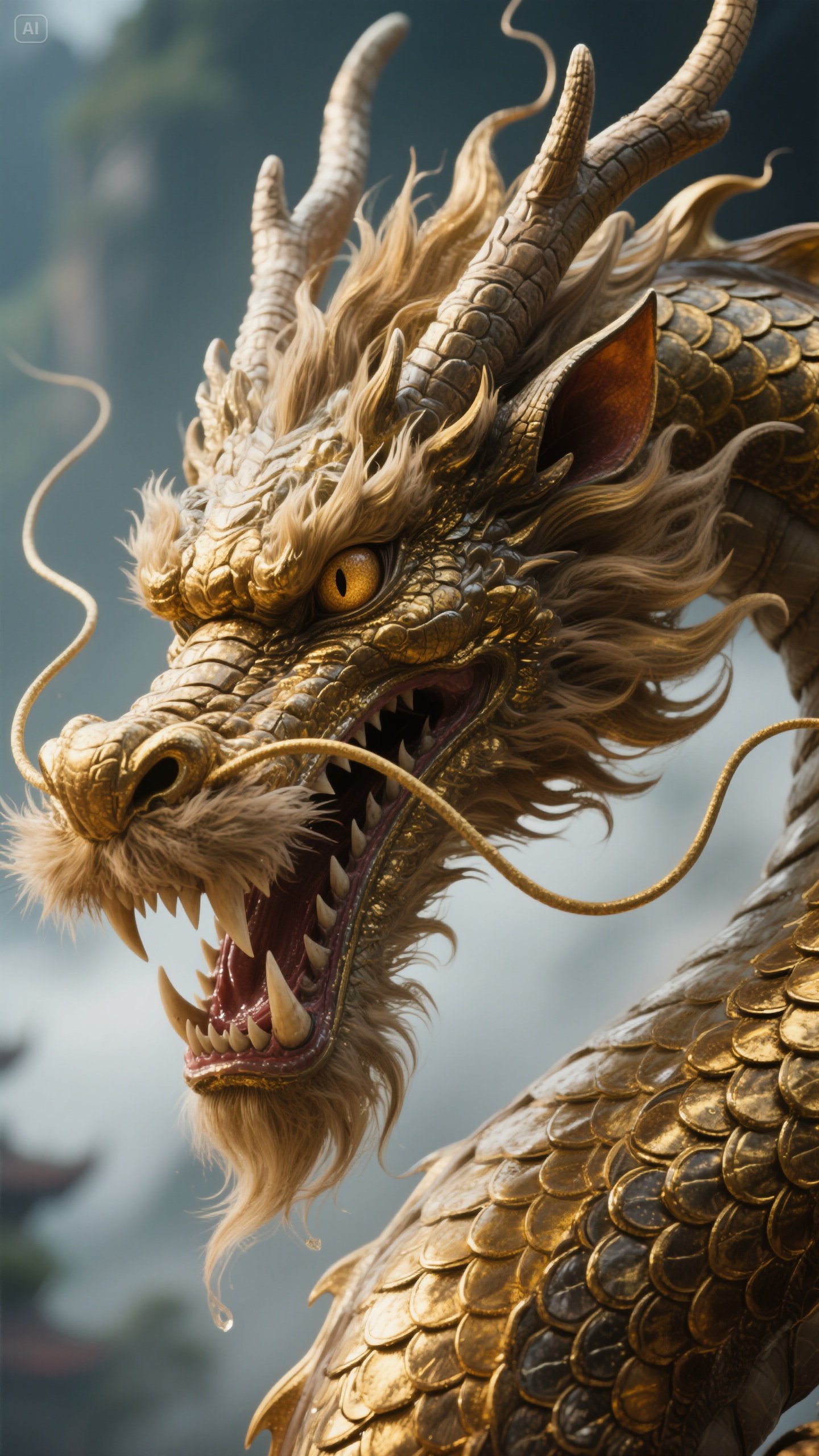 金色的鳞片,锋利的爪子和威严的面容,龙须飘动,龙角挺立,仿佛正从画面