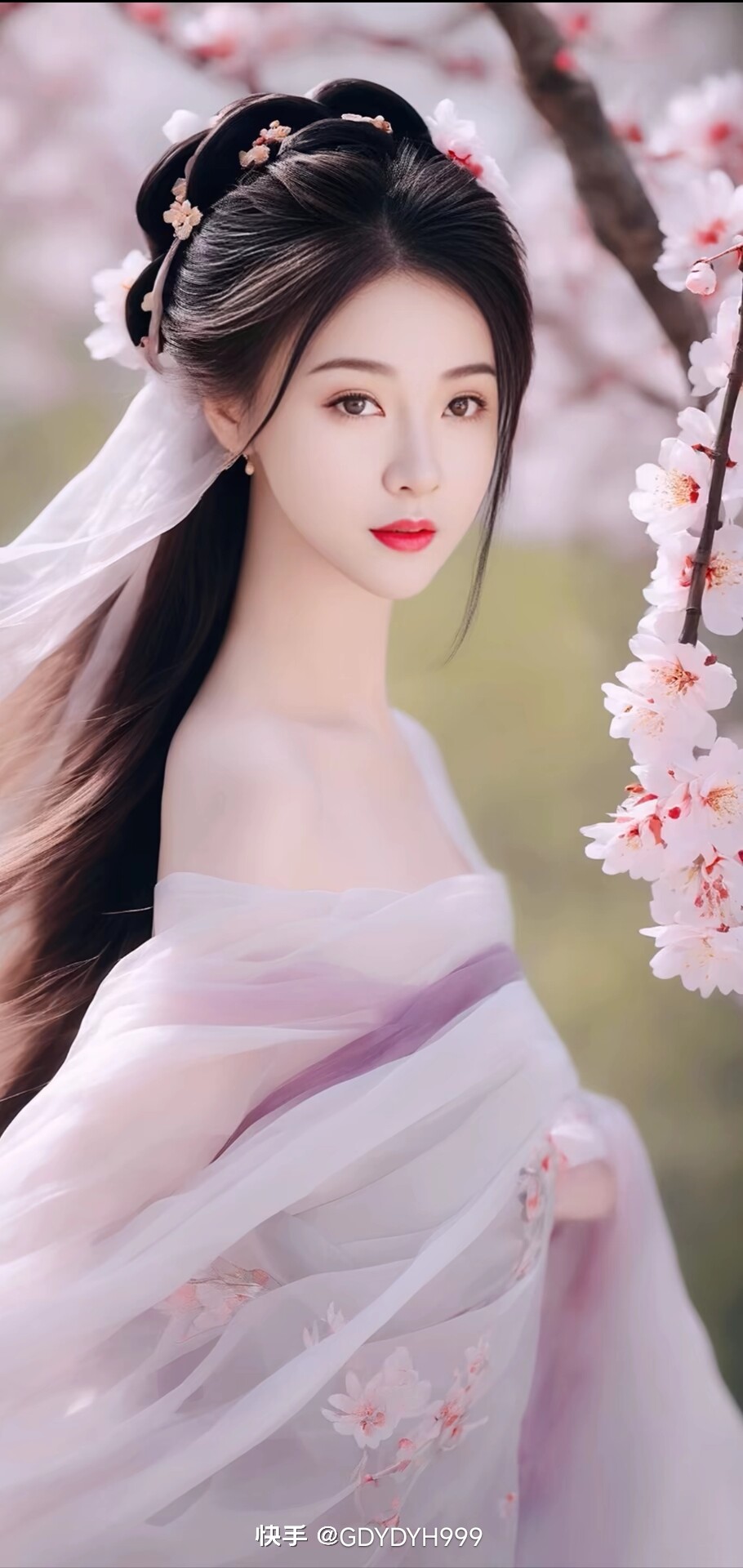 古装美女婉如画, 眉目含情秋水清. 秀发如云随风舞, 窈窕身姿韵味增.