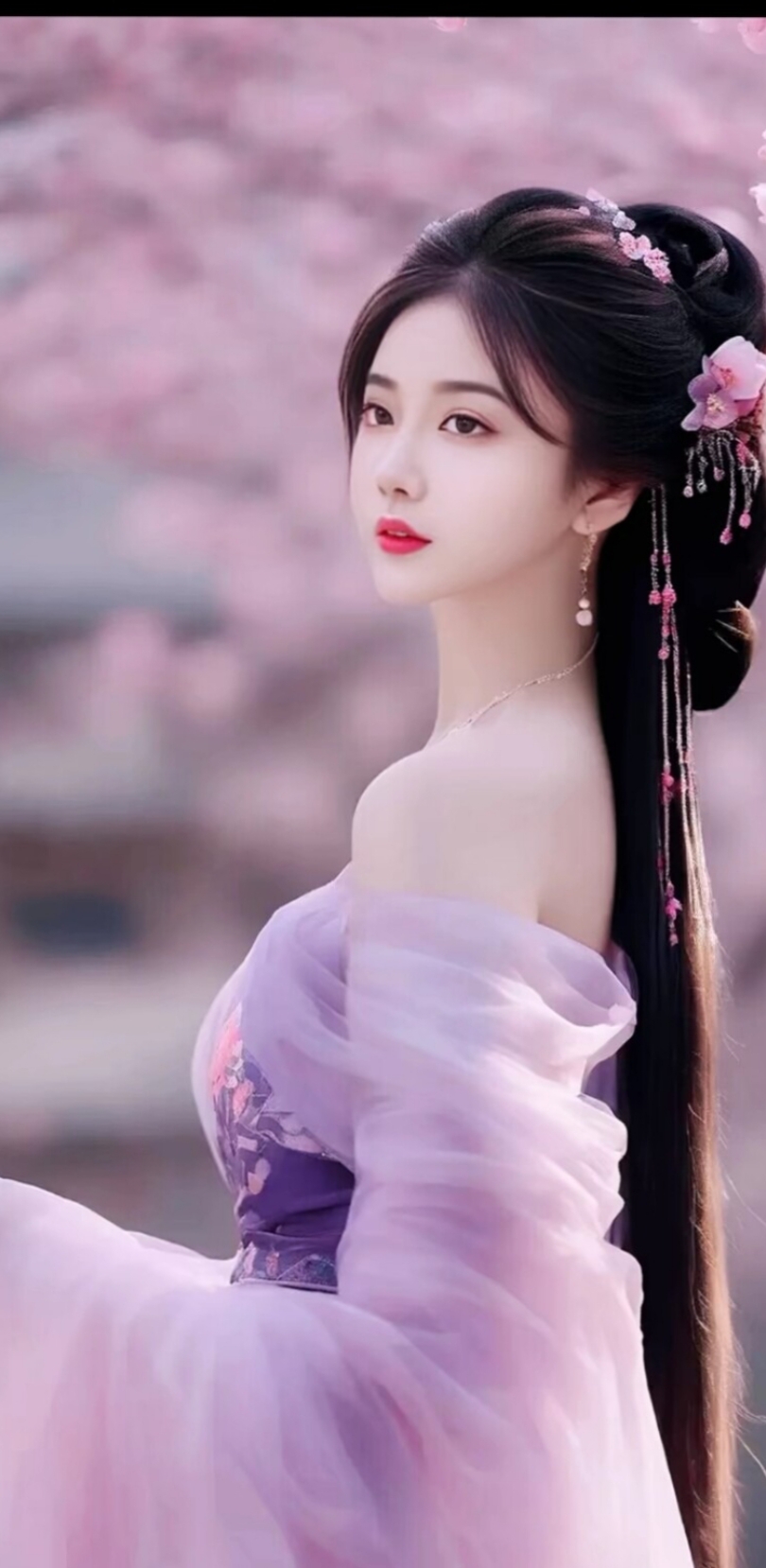 古装美女婉如画, 眉目含情秋水清. 秀发如云随风舞, 窈窕身姿韵味增.