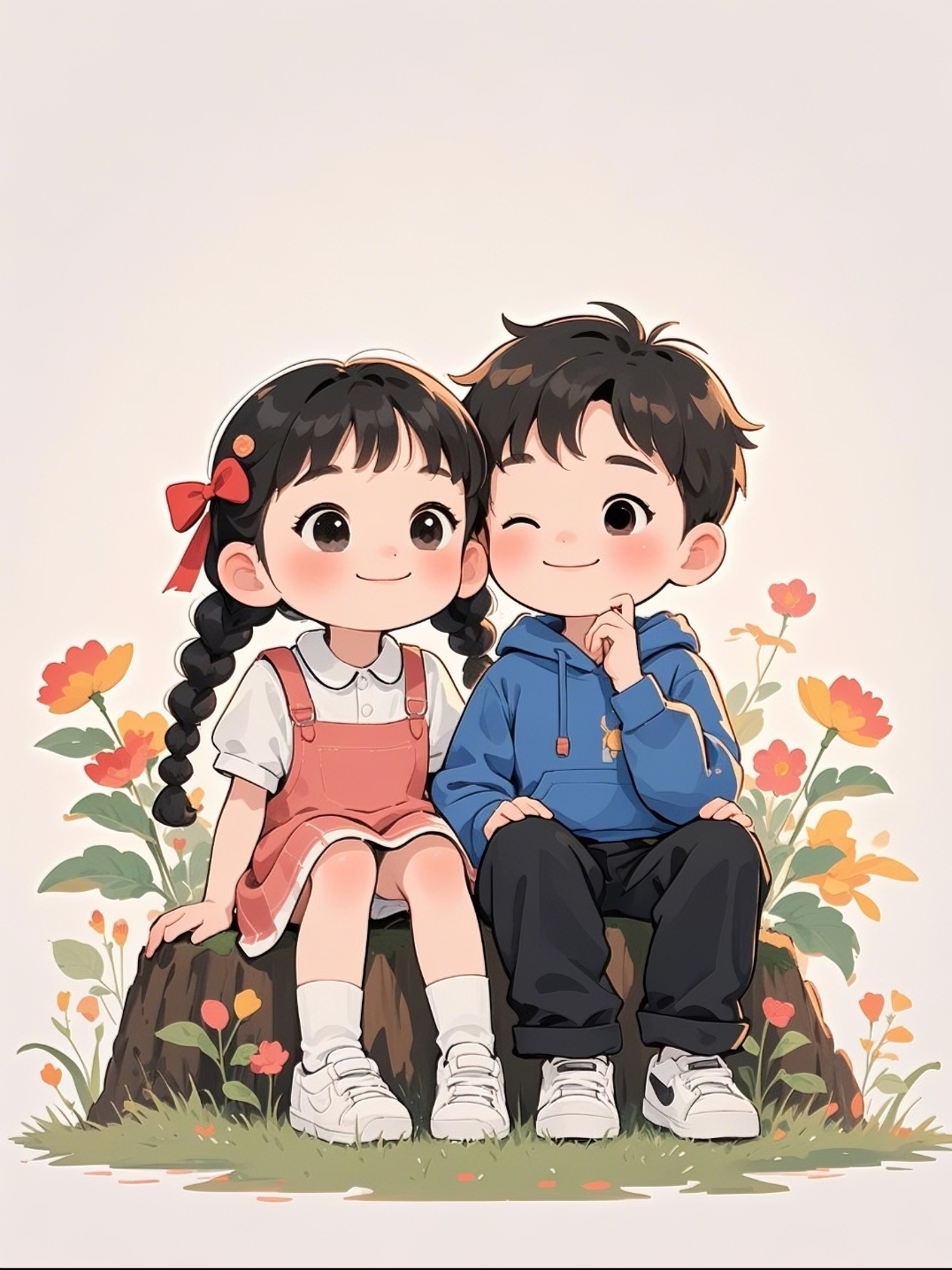 春日花开,男孩女孩并肩坐在树桩上,笑容灿烂,共享这美好的时光