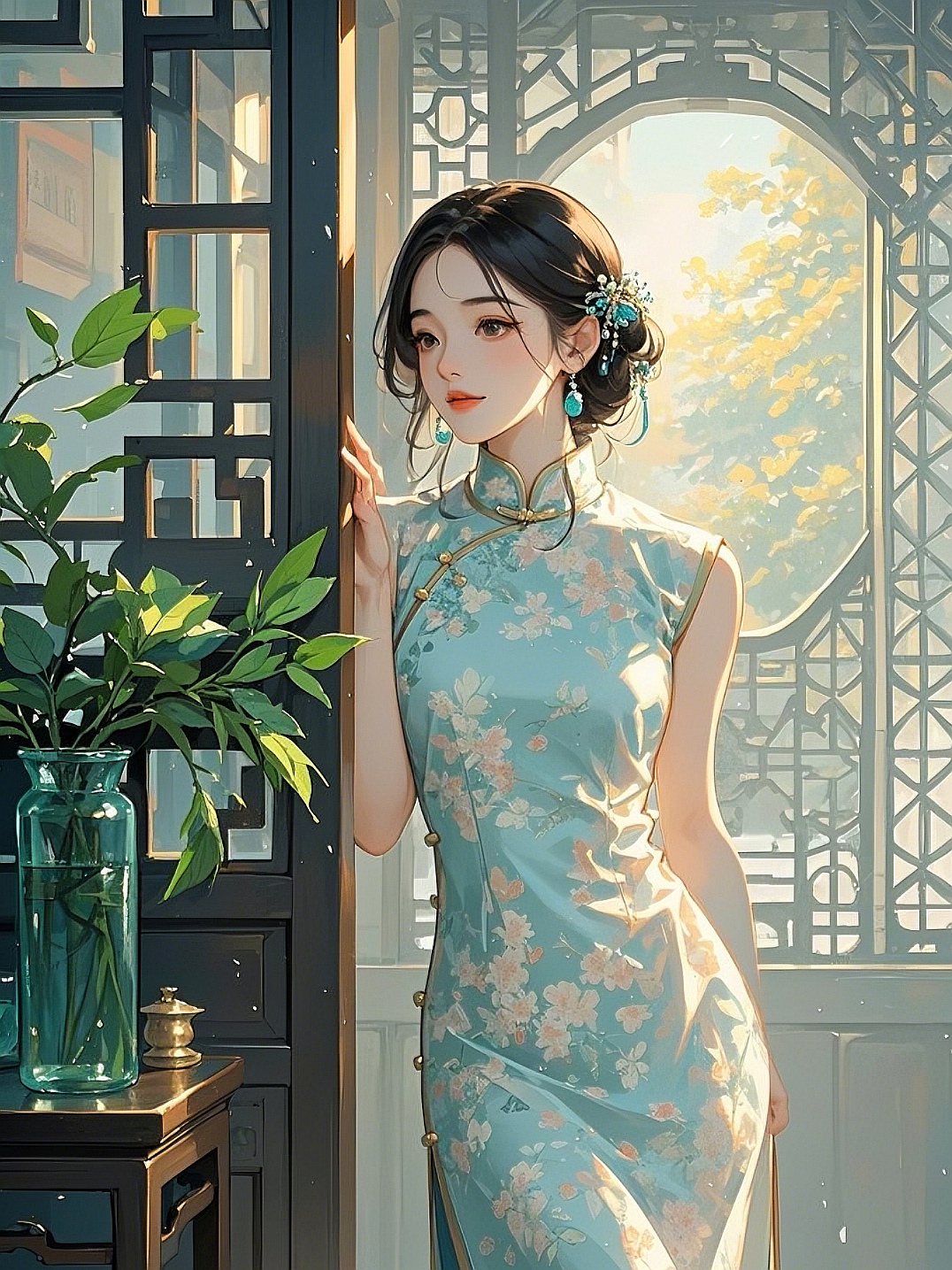 赏花间美景,穿旗袍女子,轻嗅樱花的淡淡香气