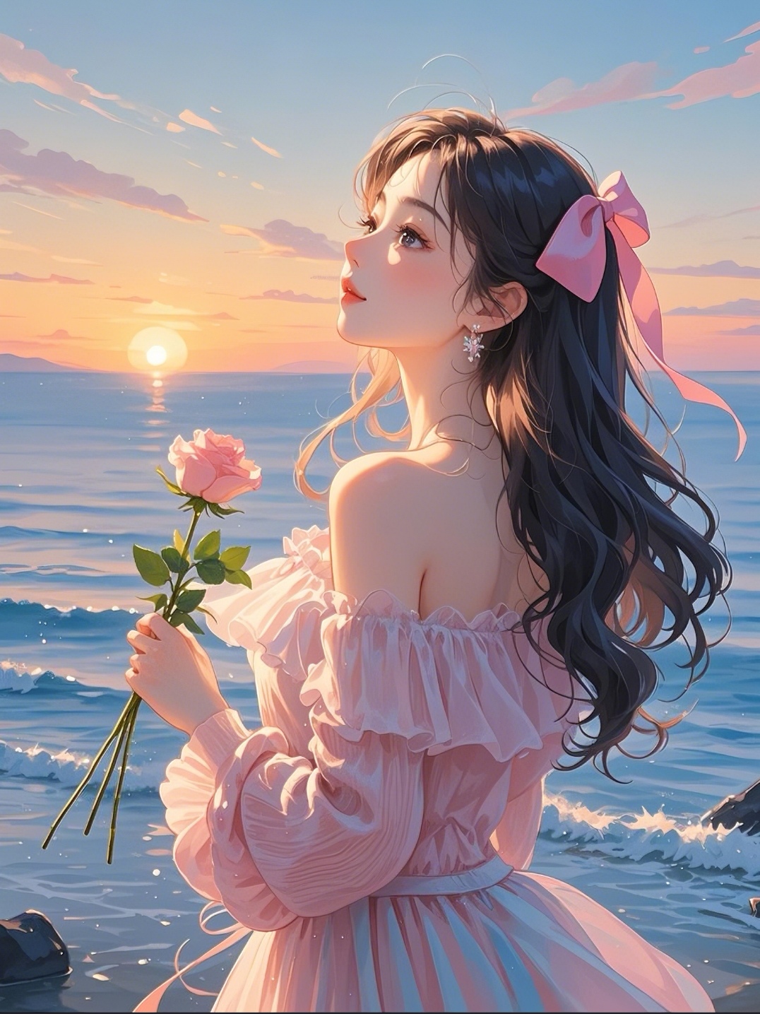 海边夕阳下,手捧玫瑰花,粉裙女孩,静享浪漫时光