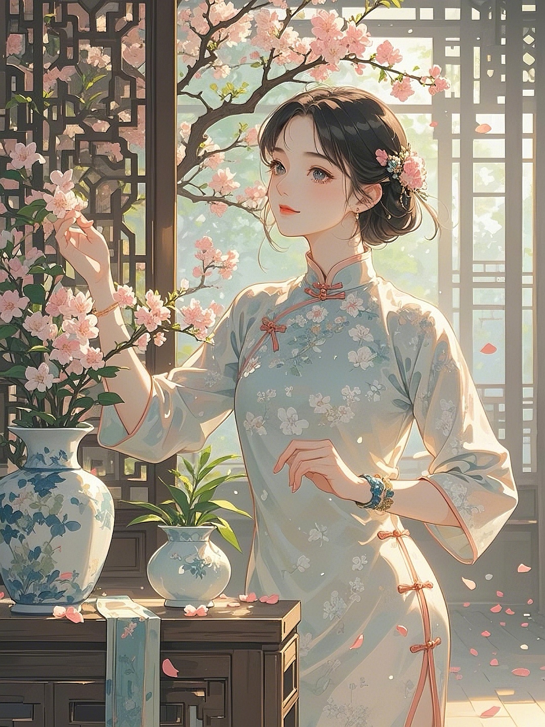 赏花间美景,穿旗袍女子,轻嗅樱花的淡淡香气