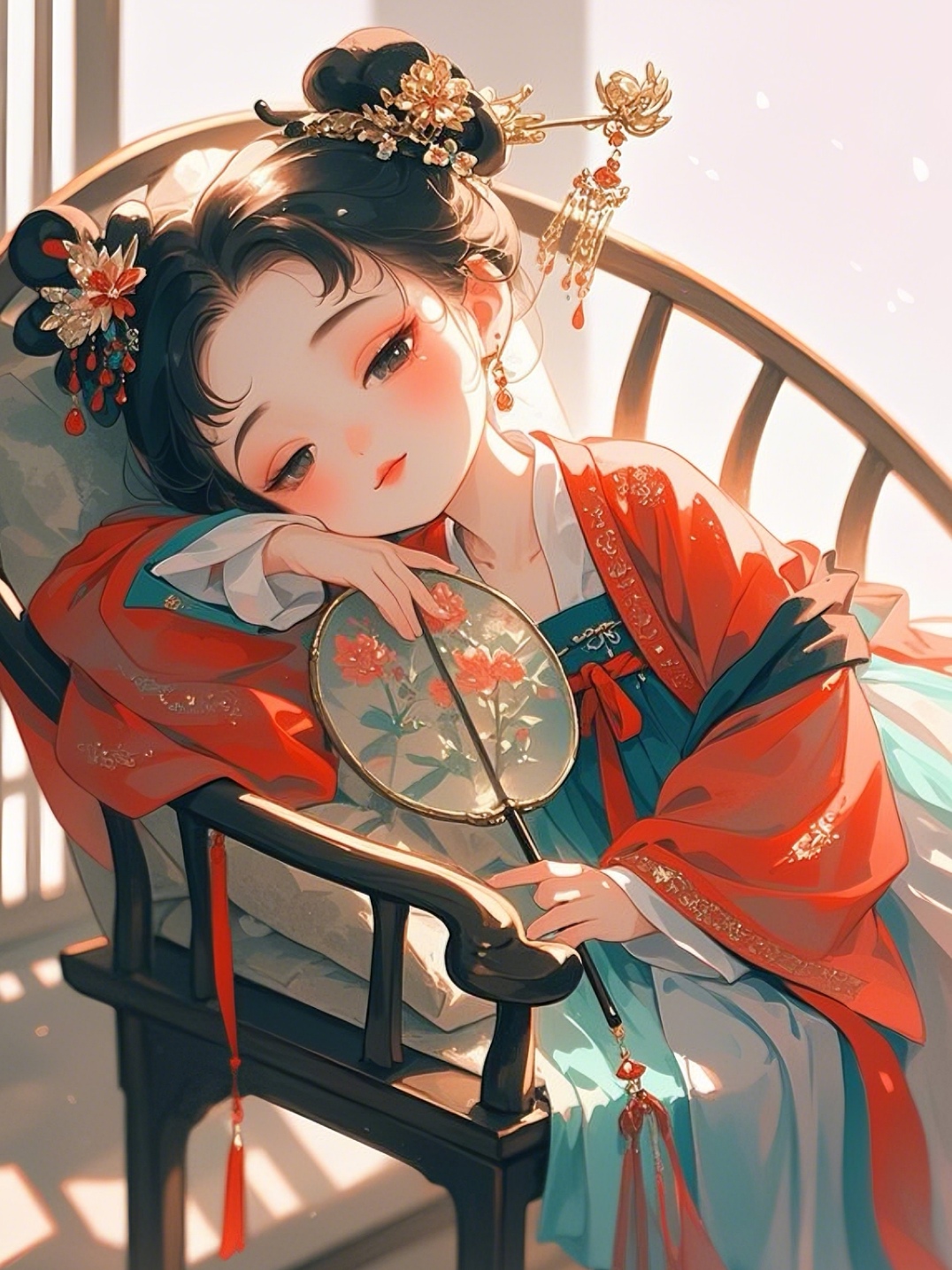 "窗边小憩,古风女孩手持团扇,静静享受这悠闲时光