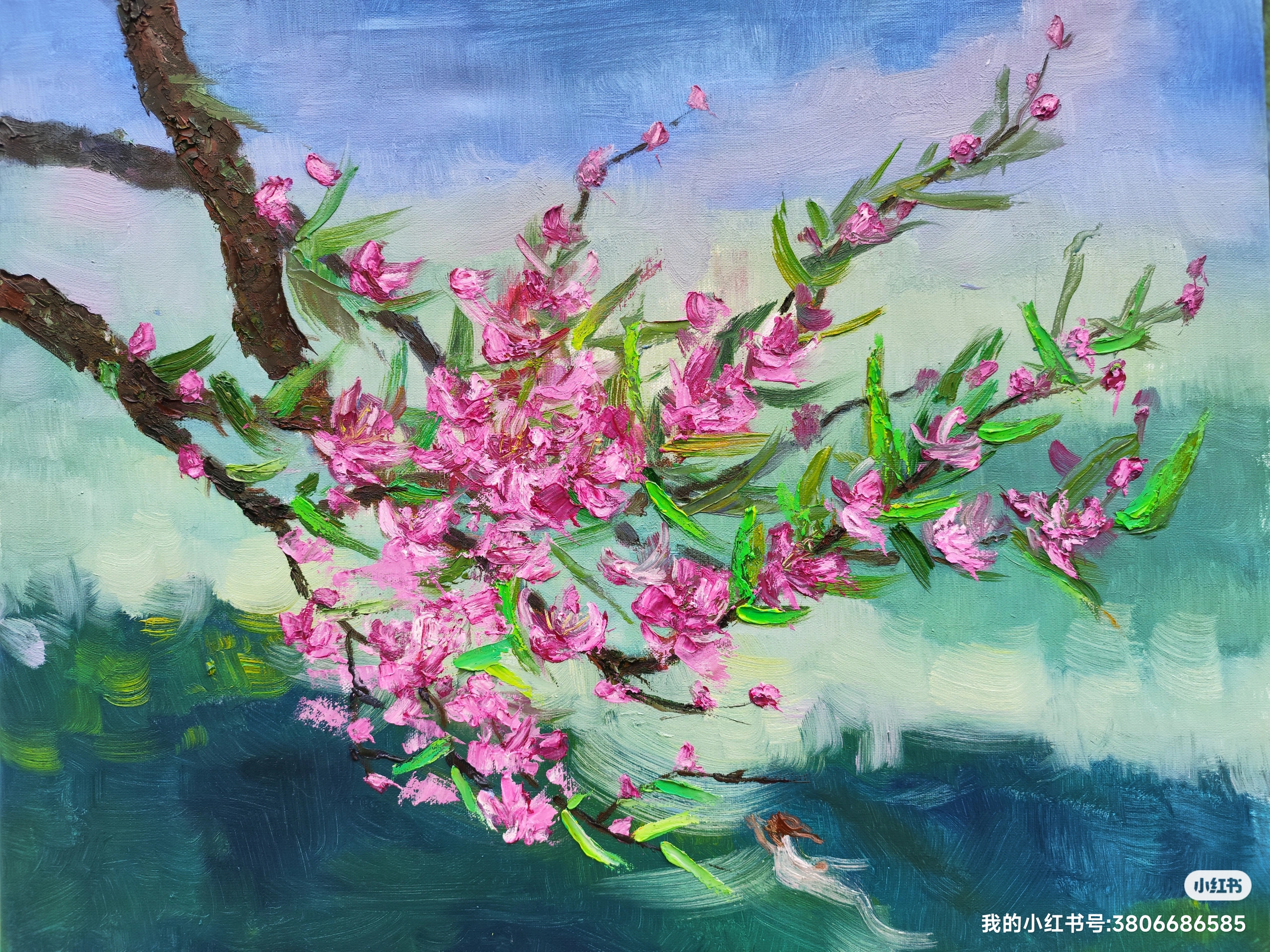 春风吹打桃花开,油画写生
